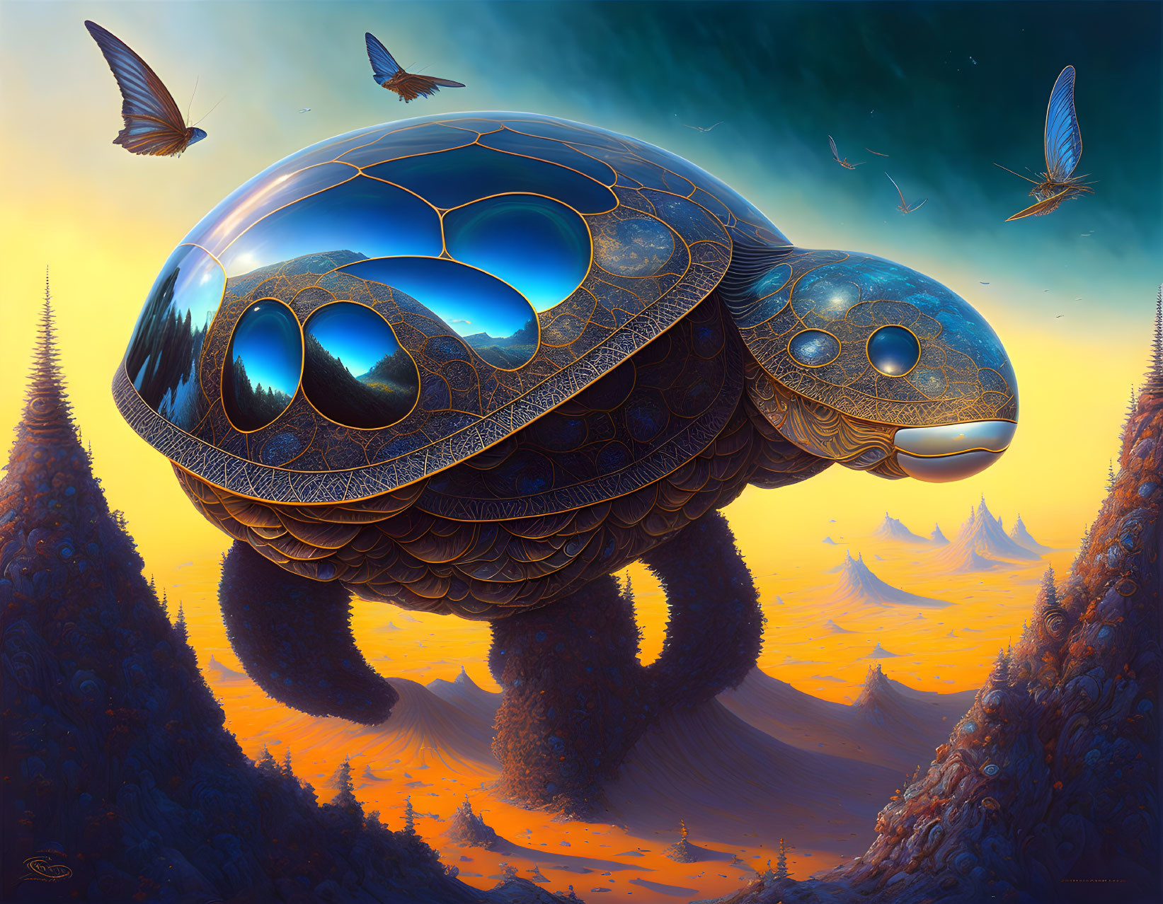 Colorful Cosmic Turtle in Orange Alien Landscape with Butterflies and Spired Plants