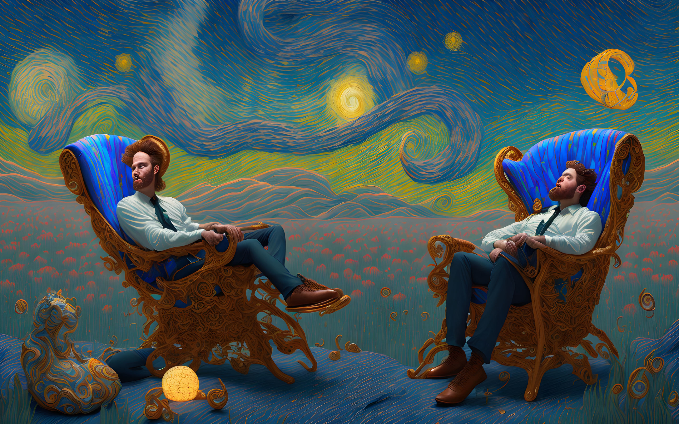 Two people in ornate chairs surrounded by swirling Starry Night motif.