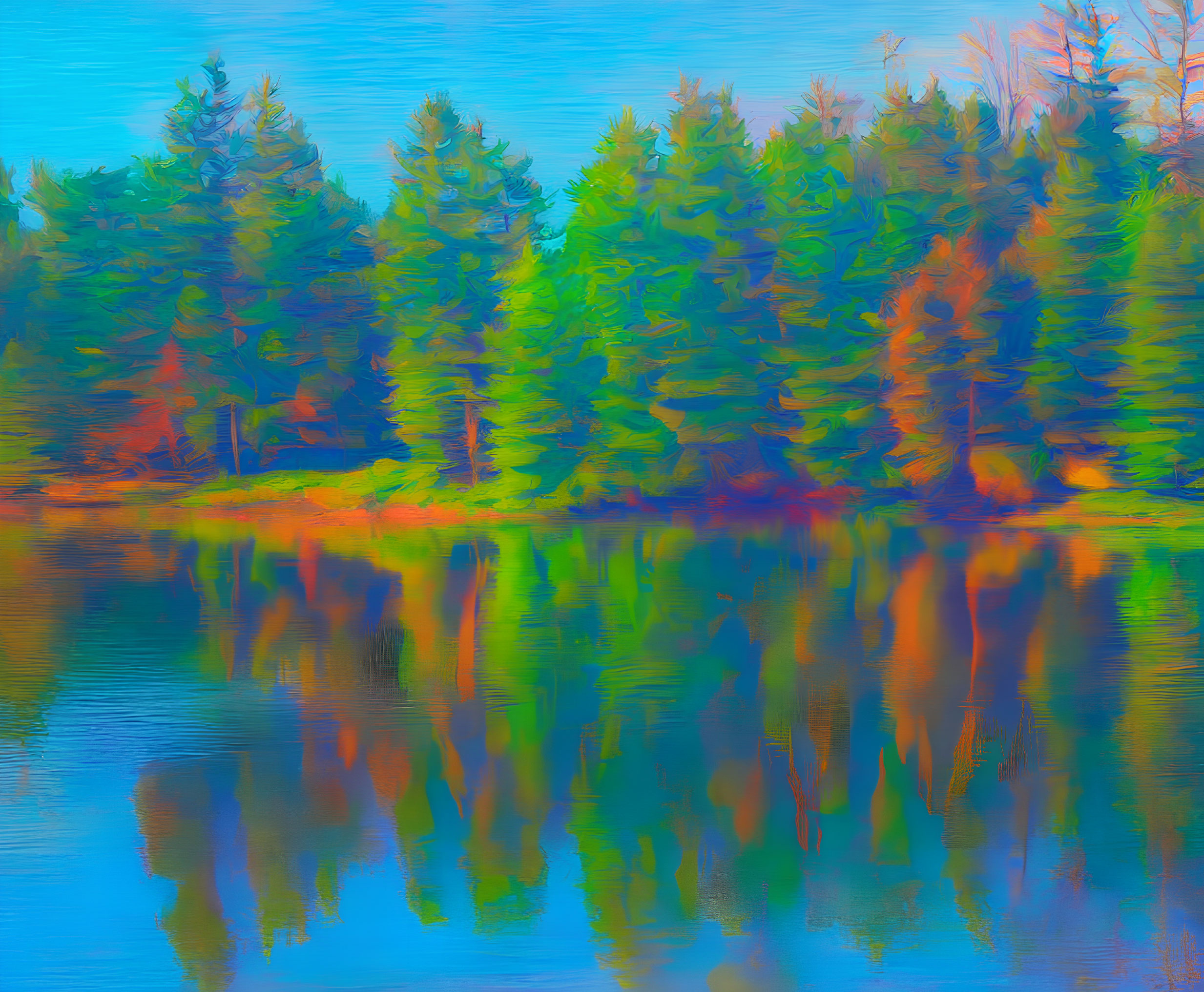 Vibrant impressionistic forest scene with evergreen trees and serene lake