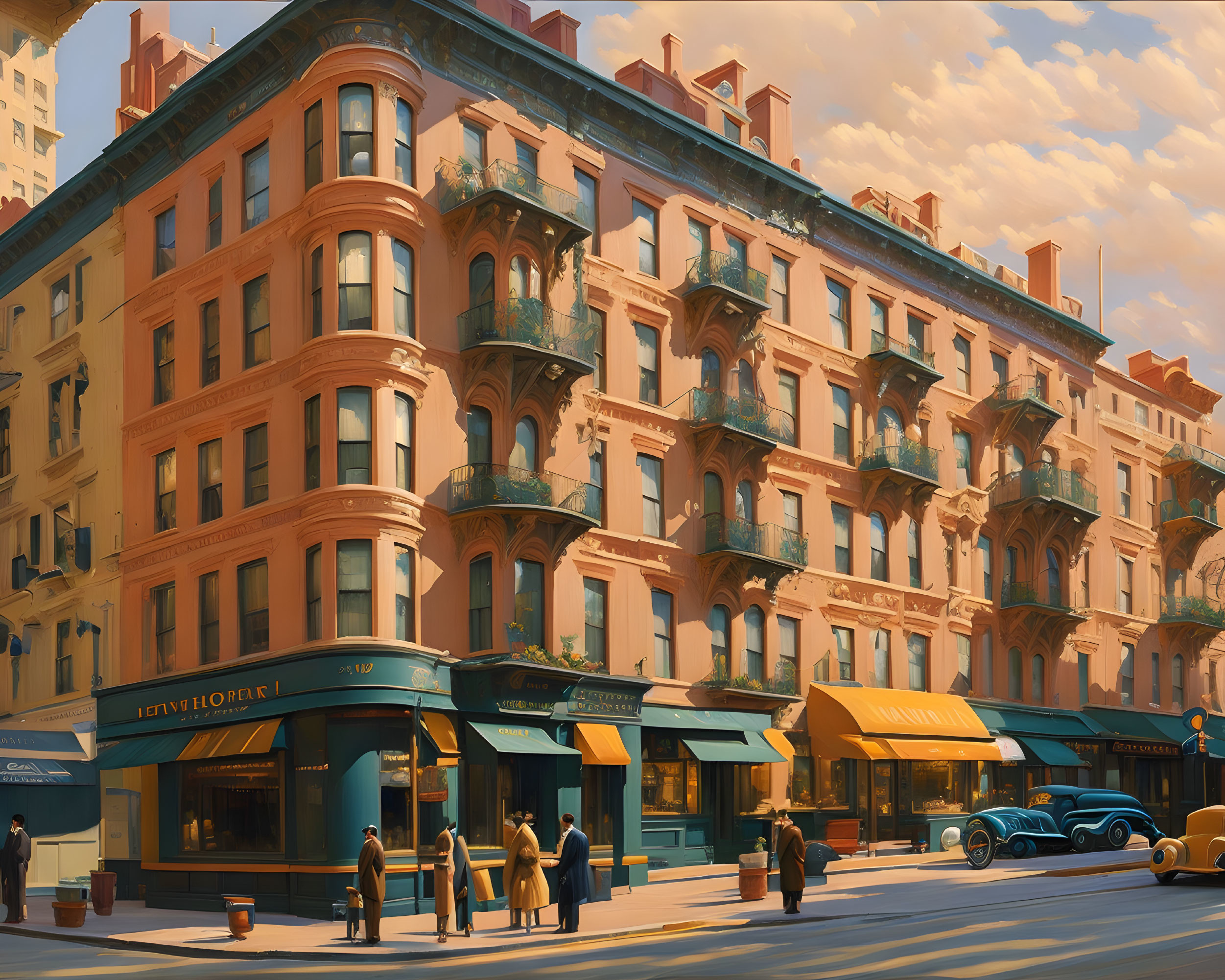 Vintage architecture, classic car, and pedestrians in urban setting at dusk