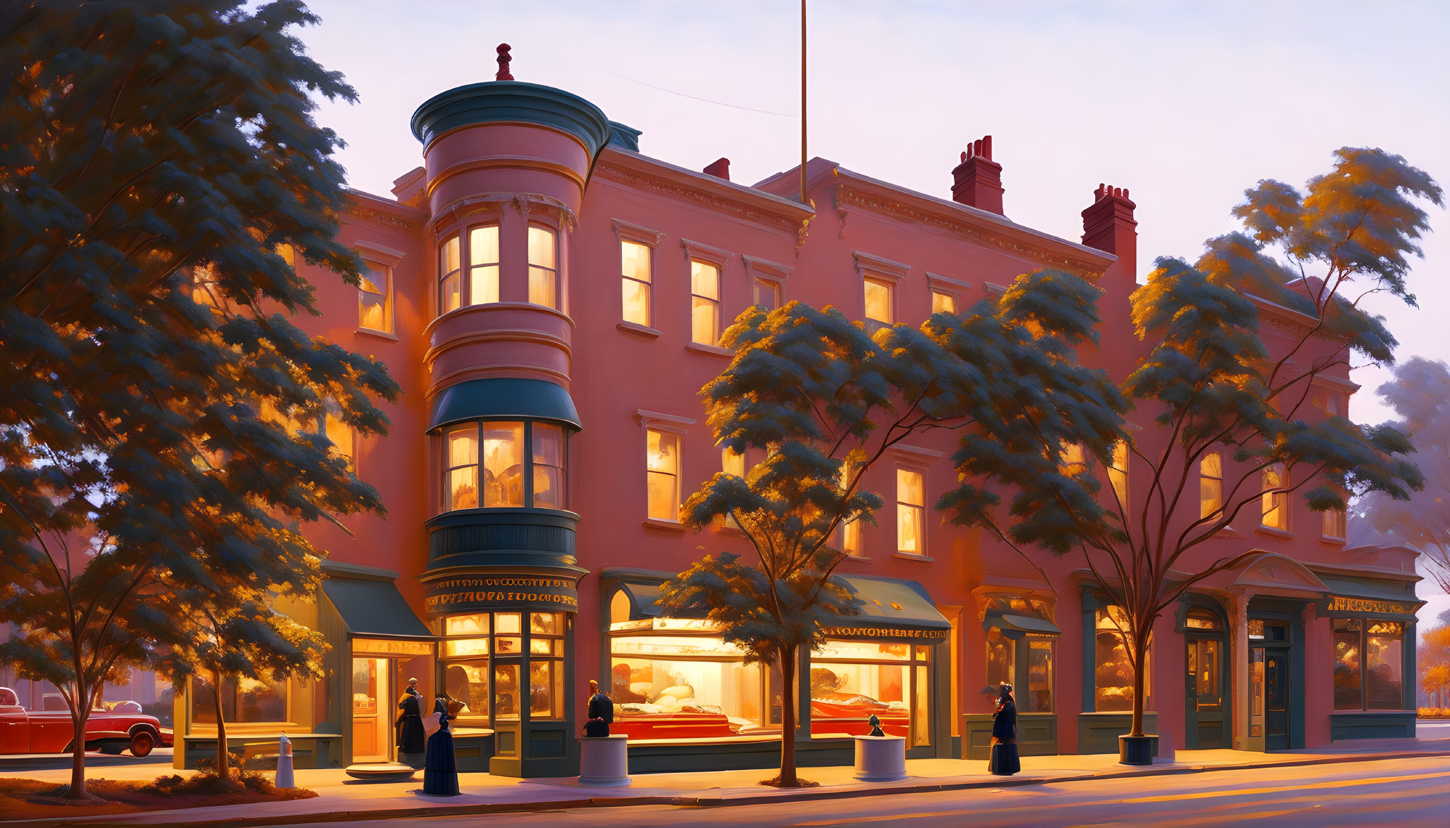 Corner Building Bakery at Dusk with Warm Lighting, Trees, People, and Vintage Car