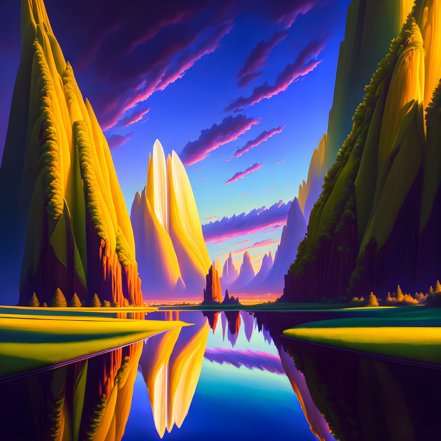 Vibrant digital artwork of sunlit cliffs reflected in tranquil water under a dramatic sunset sky