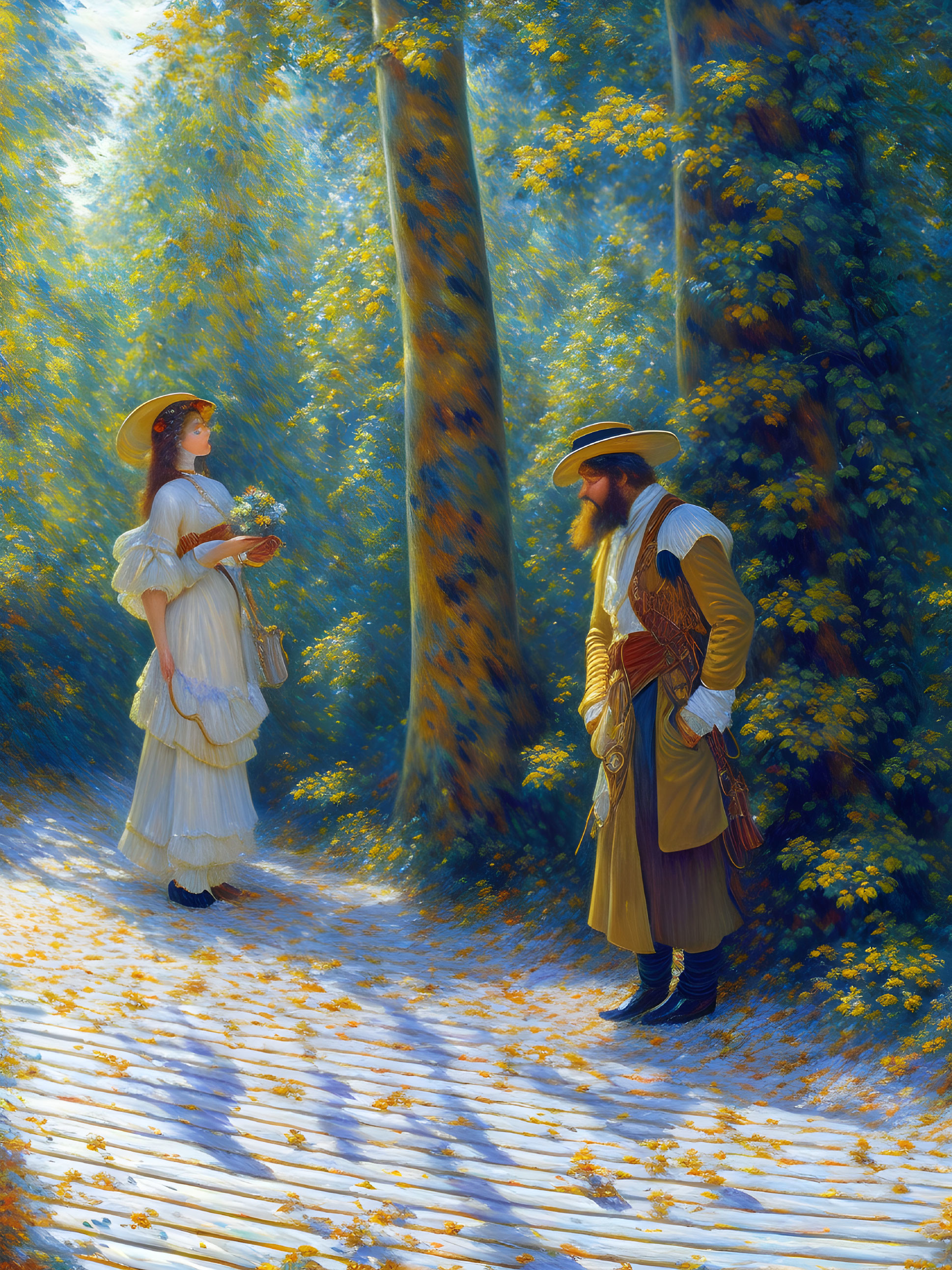 Man and woman in historical clothing conversing in sunlit autumn forest