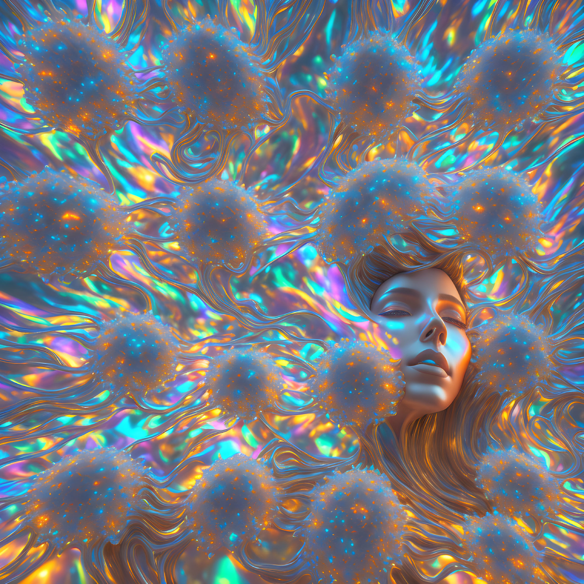 Vibrant digital artwork: Woman's face in iridescent sea