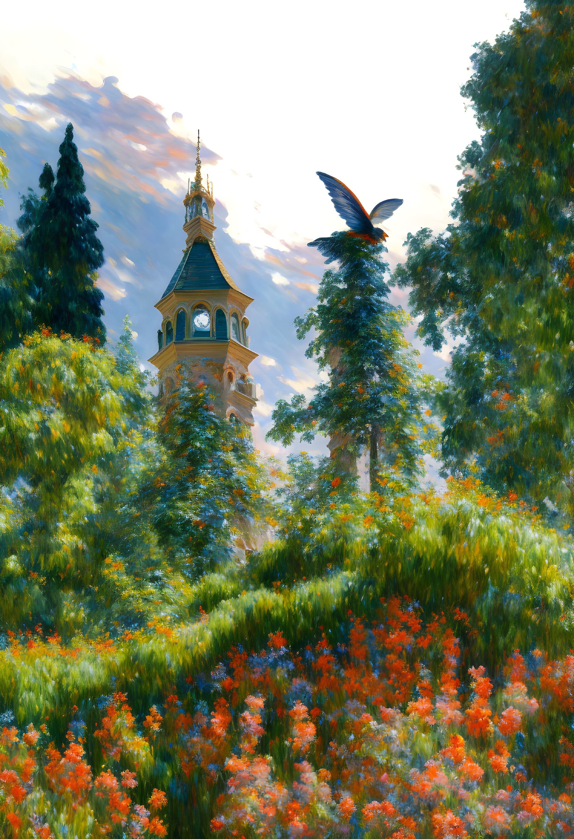 Lush garden with blooming orange flowers, tall trees, grand tower, and bird in flight.