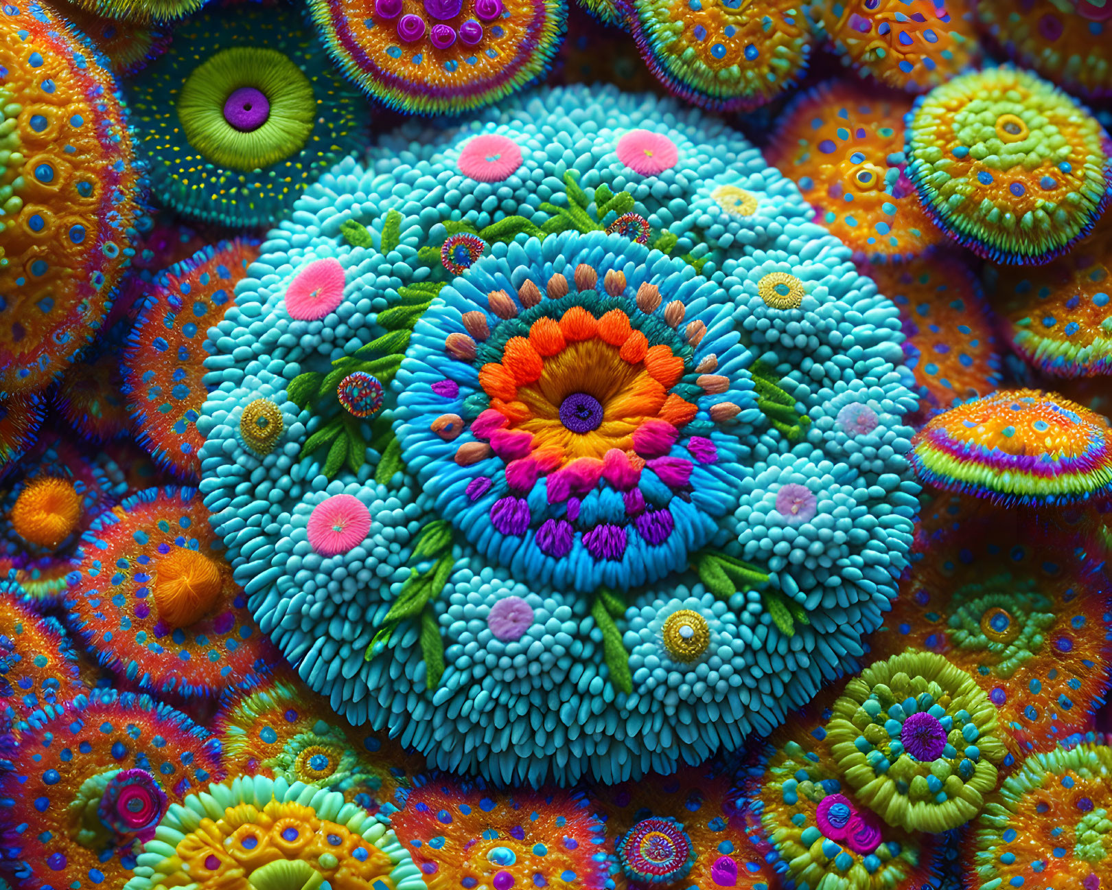 Colorful Circular Abstract Pattern Resembling Sea Anemones or Coral