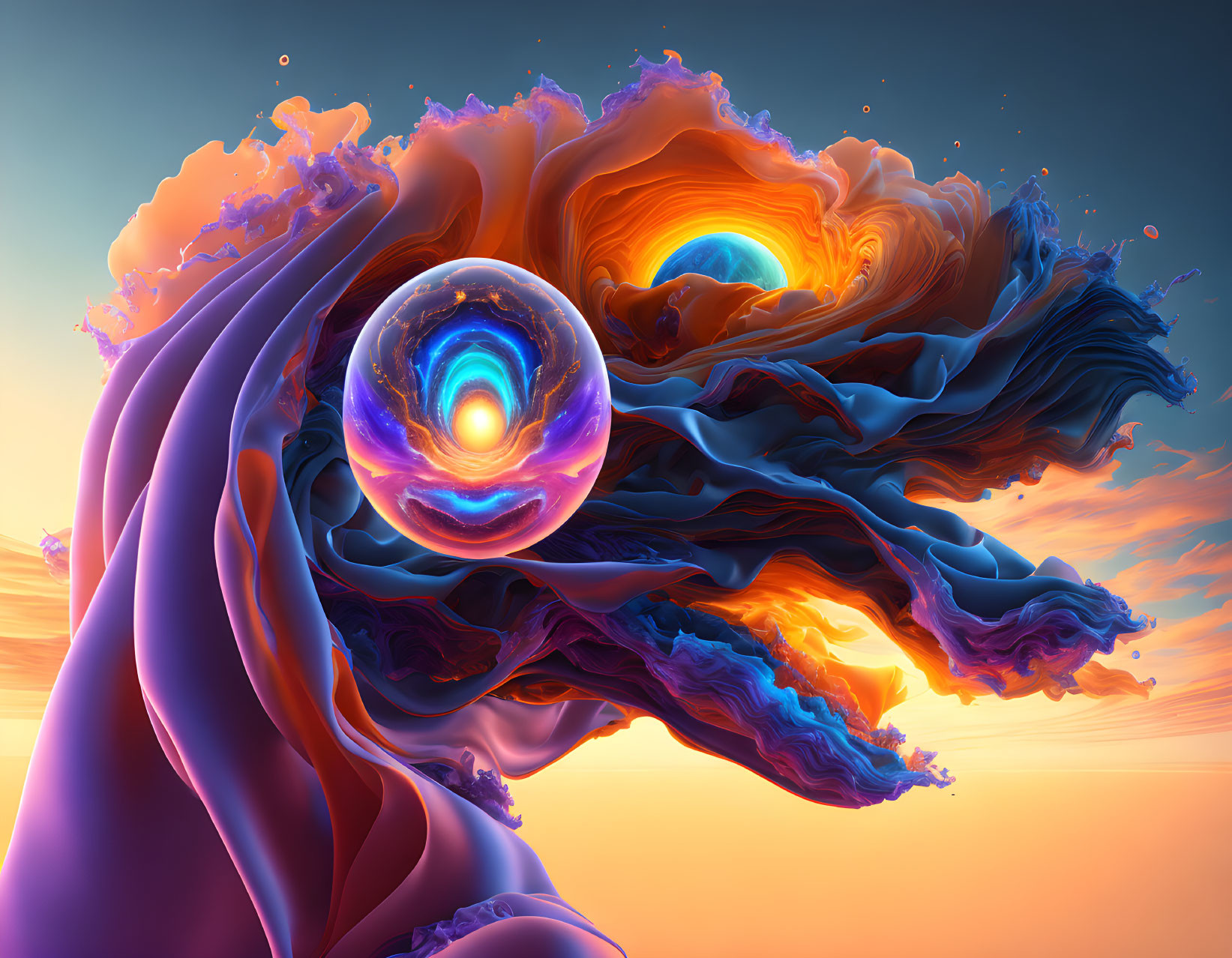 Colorful Abstract Digital Artwork: Swirling Rose Formation with Luminous Orb