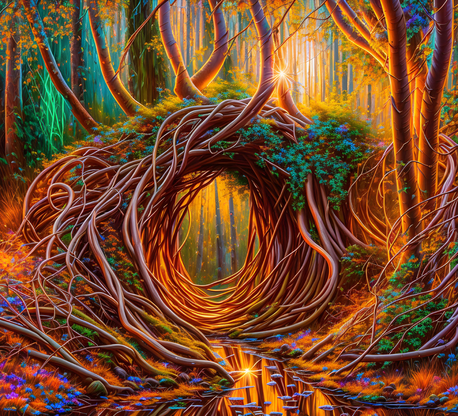 Fantastical forest with circular tree root portal and magical light