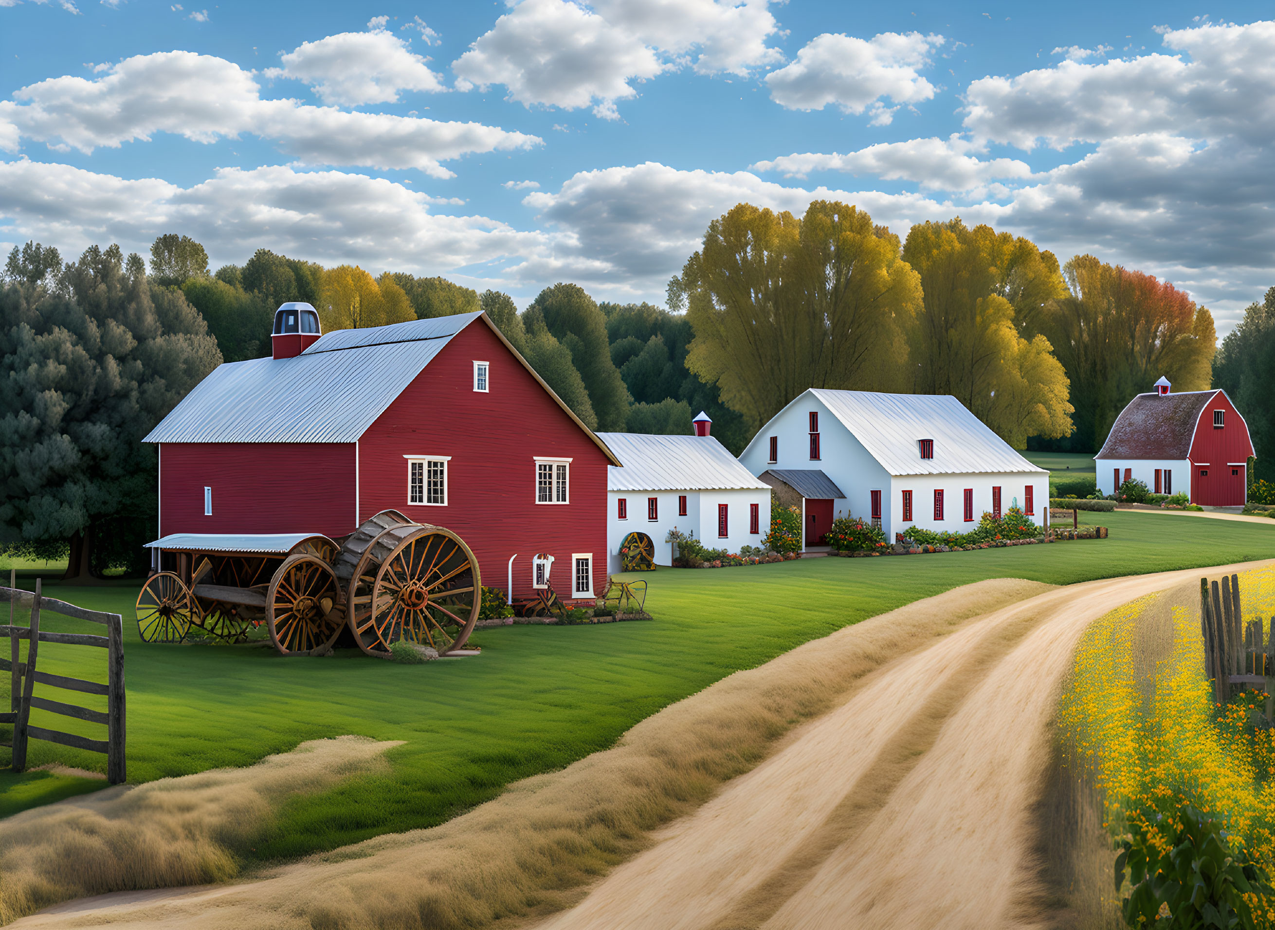 Rustic farm landscape with red barns, old wagon, dirt road, and green fields