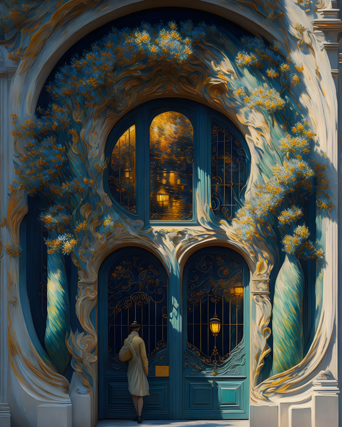 Person standing before ornate blue door with golden floral motifs under tree-shaped arch in fantastical setting