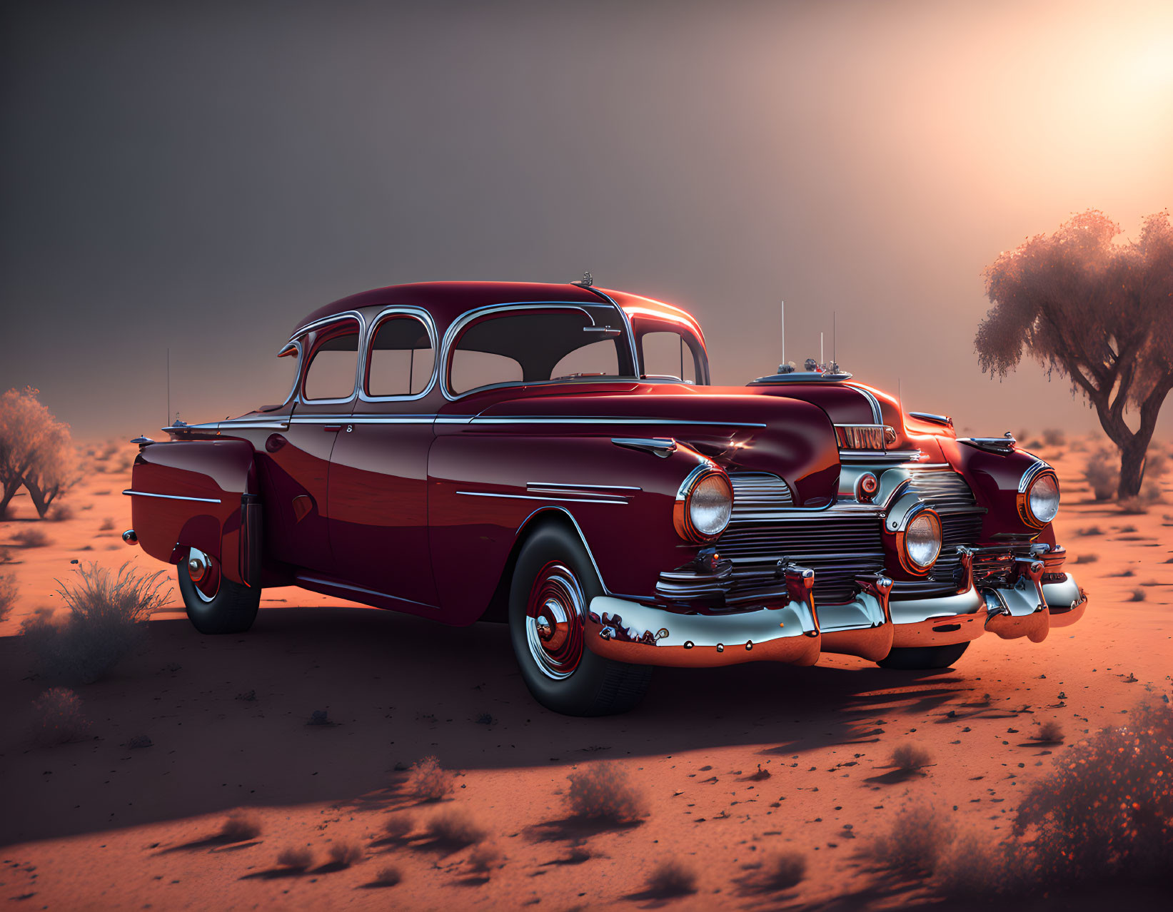 Vintage Red Car on Desert Road at Sunset With Silhouetted Trees