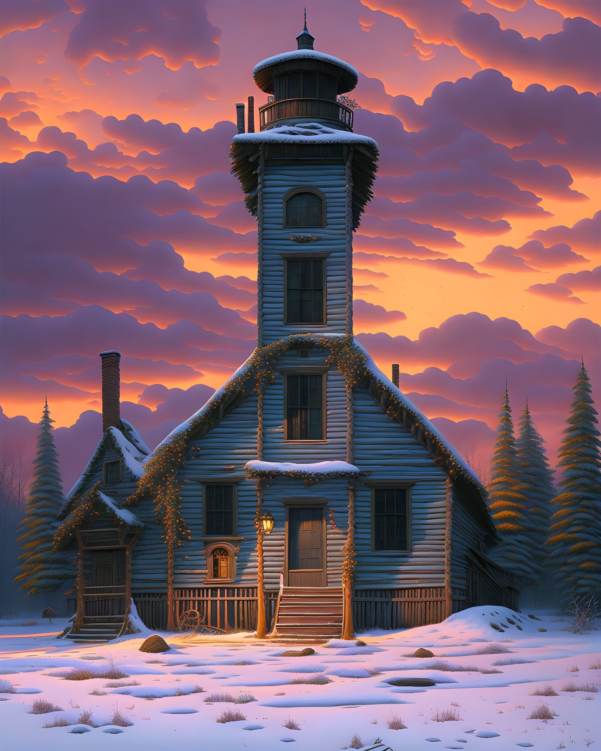 Tall wooden house with lighthouse tower in snowy landscape at dusk