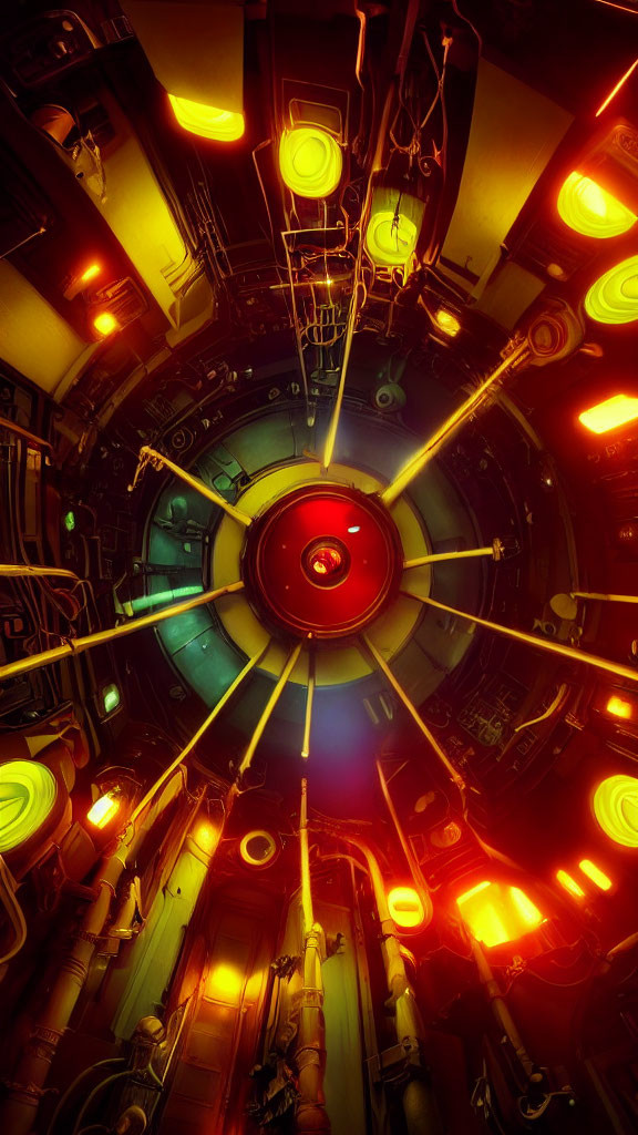 Sci-fi corridor with concentric circles and red/yellow lights