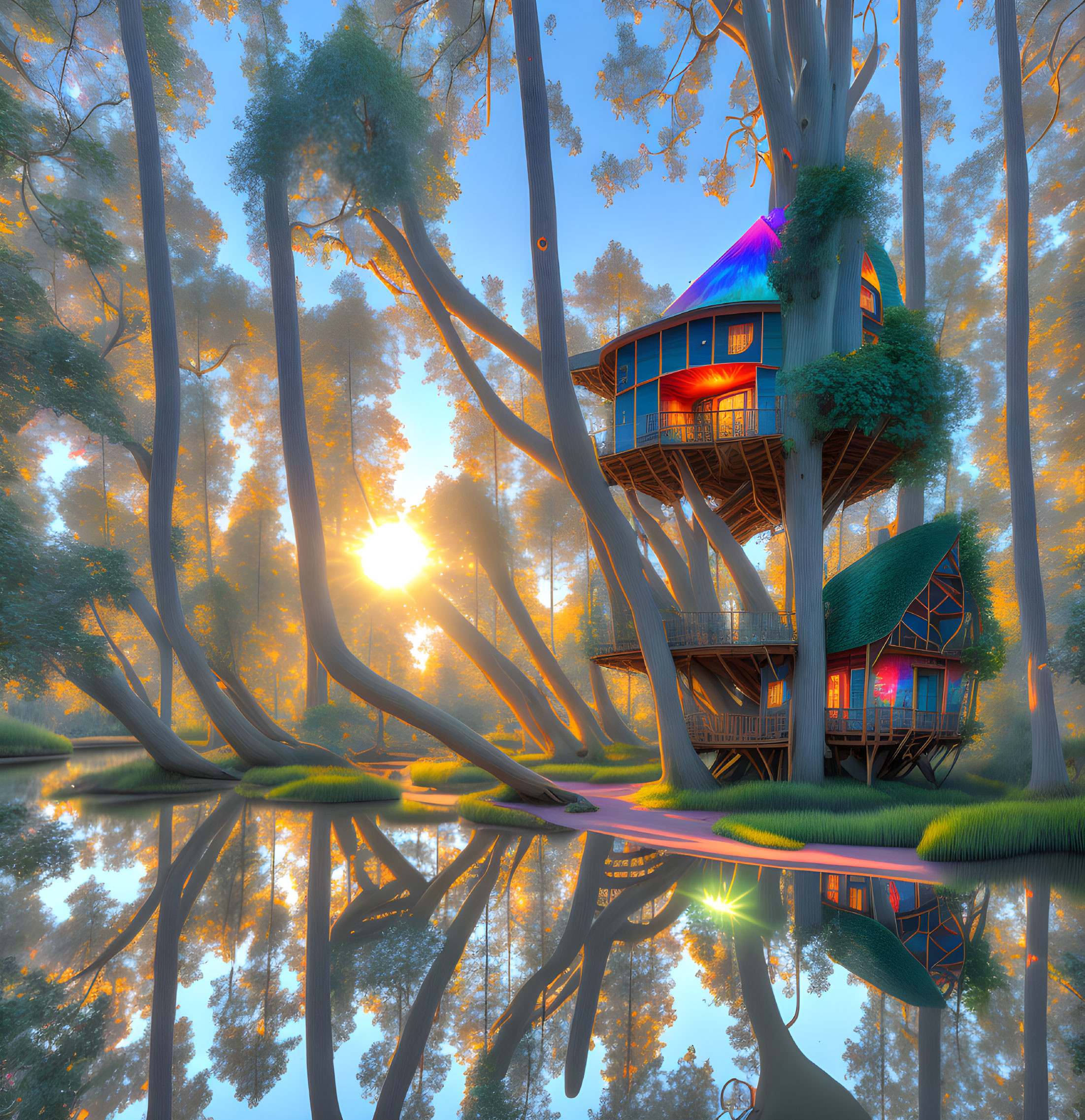 Enchanting Sunrise Treehouse Reflection in Forest Pond