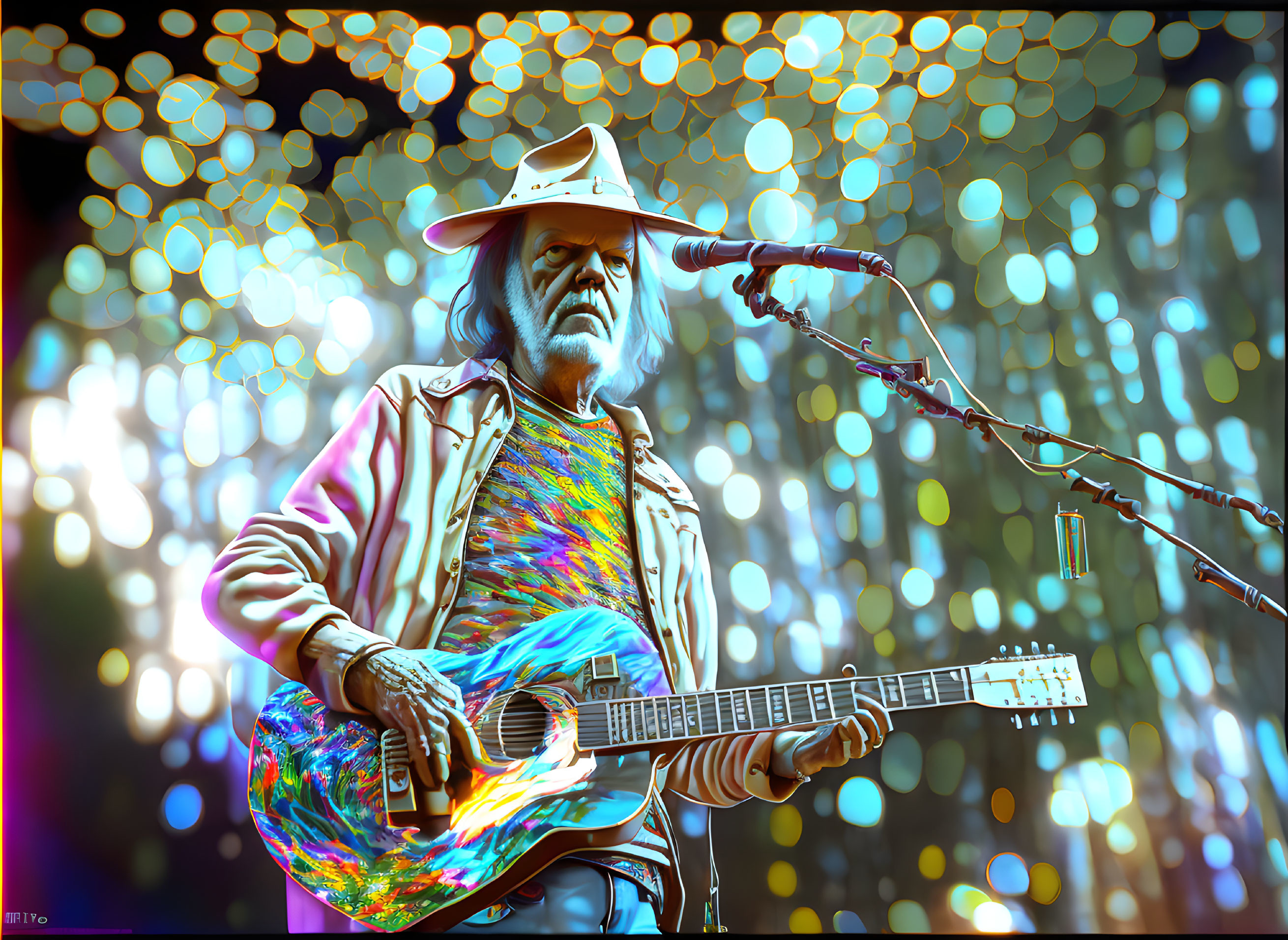 Colorful Guitar Musician Illustration with Dynamic Stage Lighting