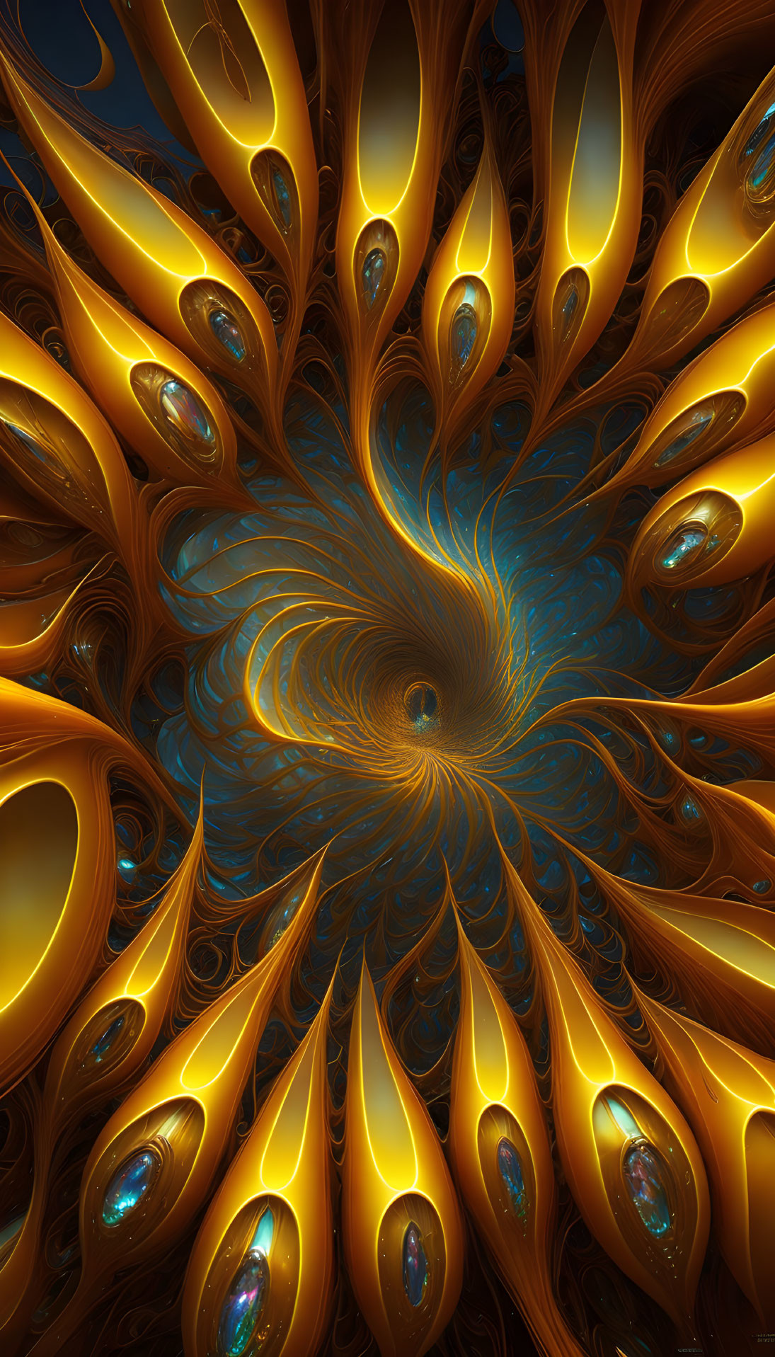 Intricate Golden Fractal Art with Teardrop Shapes on Blue-Violet Background