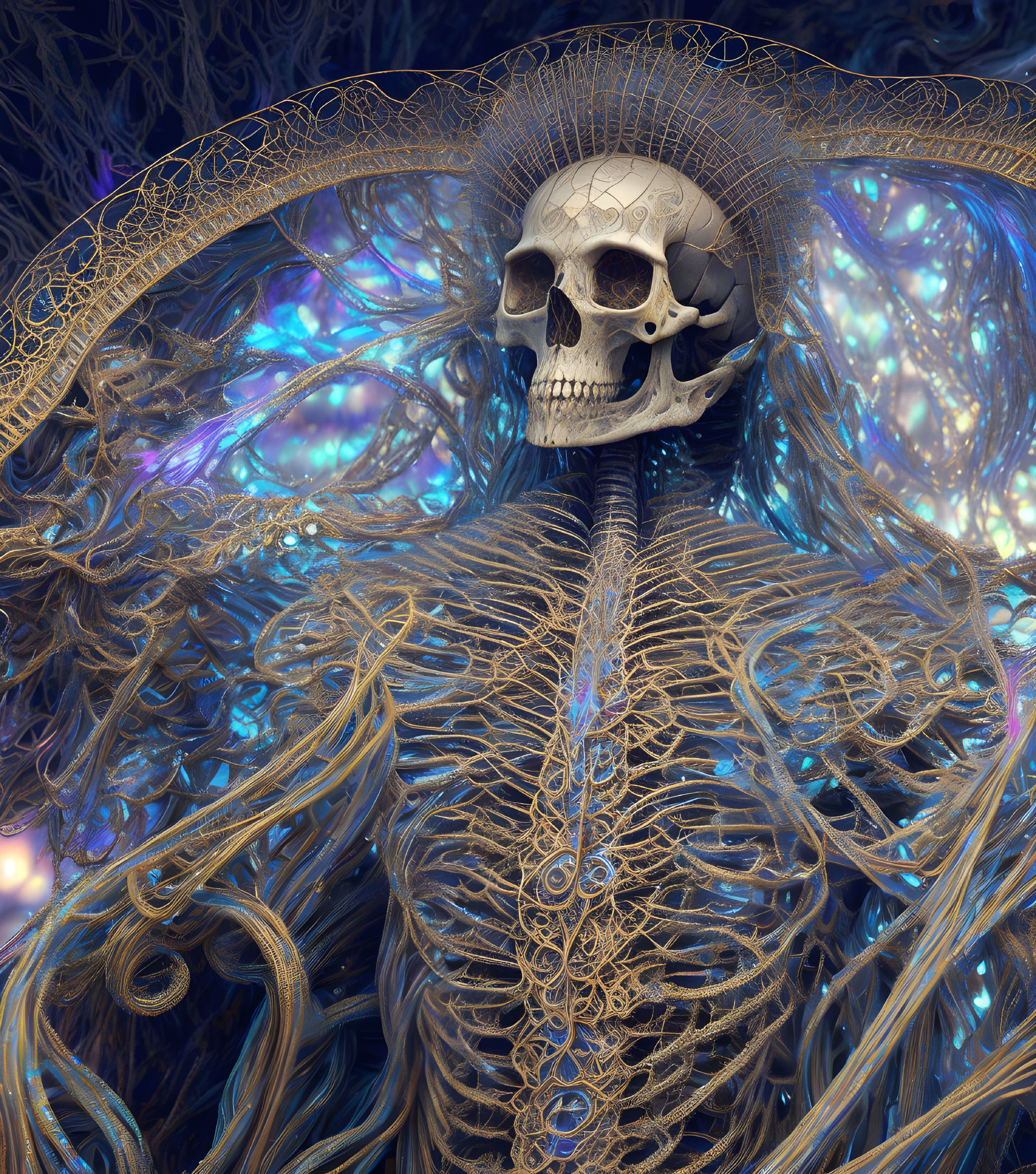 Detailed digital artwork: Skull with fractal patterns forming surreal skeletal structure amid iridescent lights