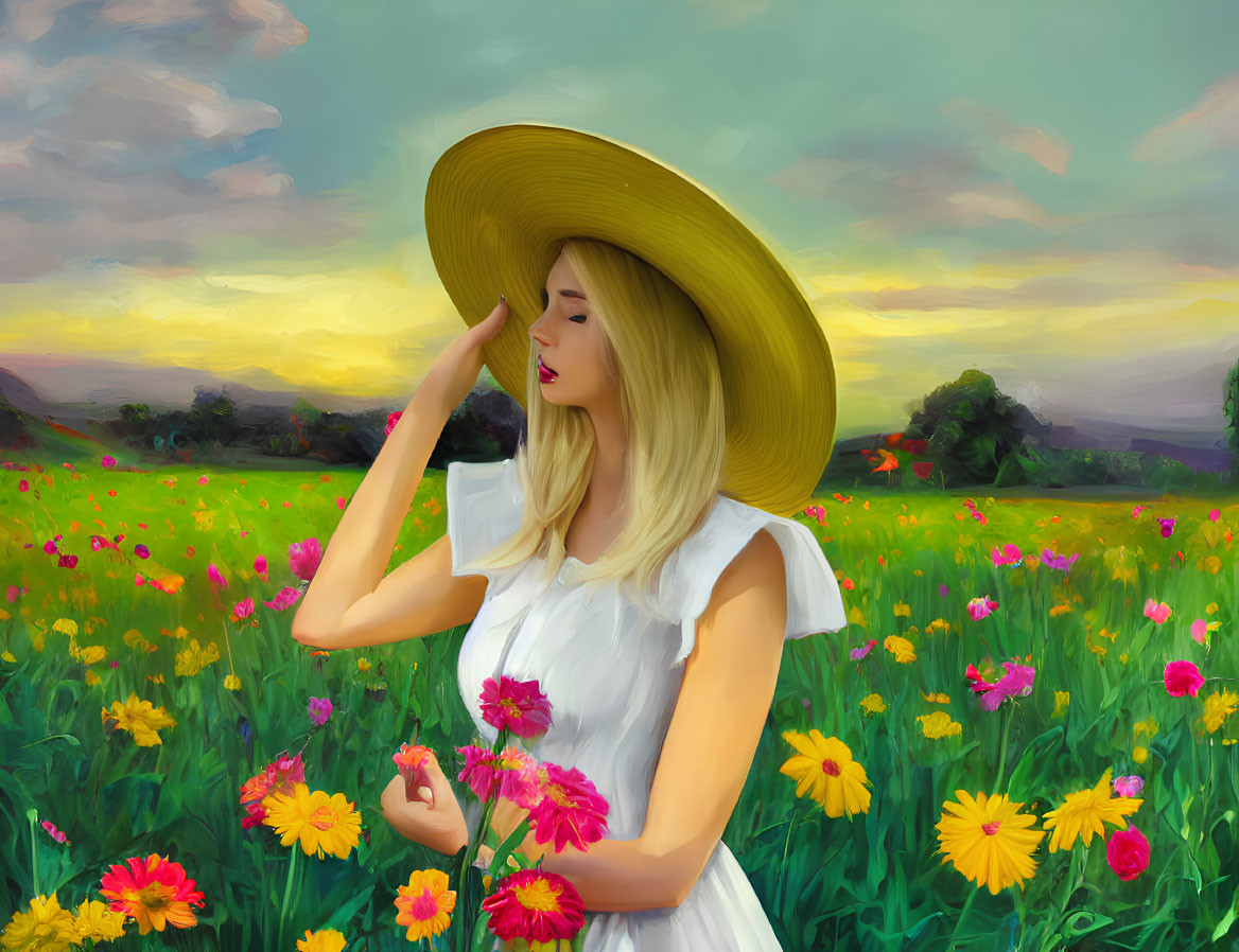 Woman in White Dress and Straw Hat in Vibrant Field of Wildflowers