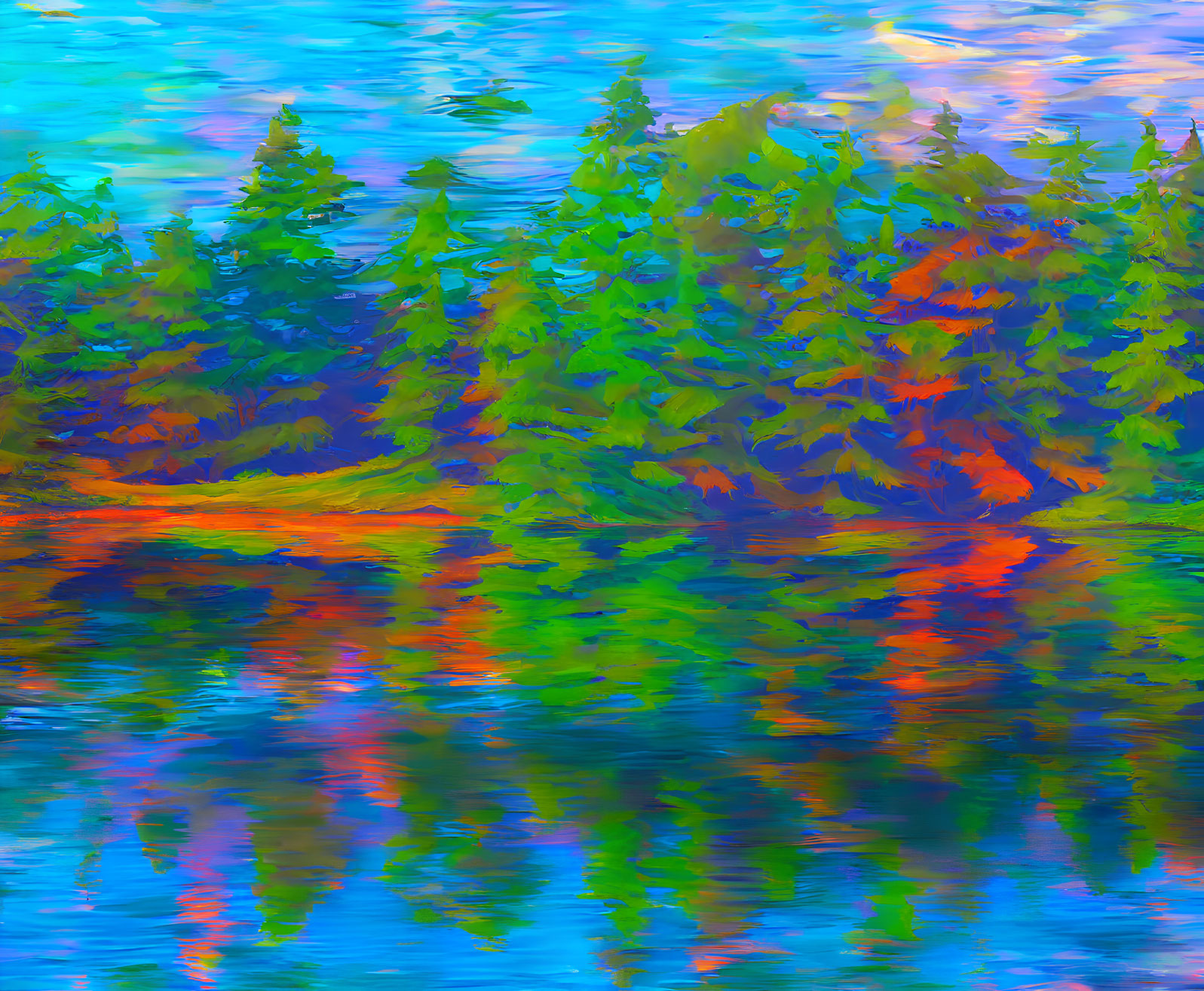 Impressionistic forest scene with orange and green foliage reflected in blue water