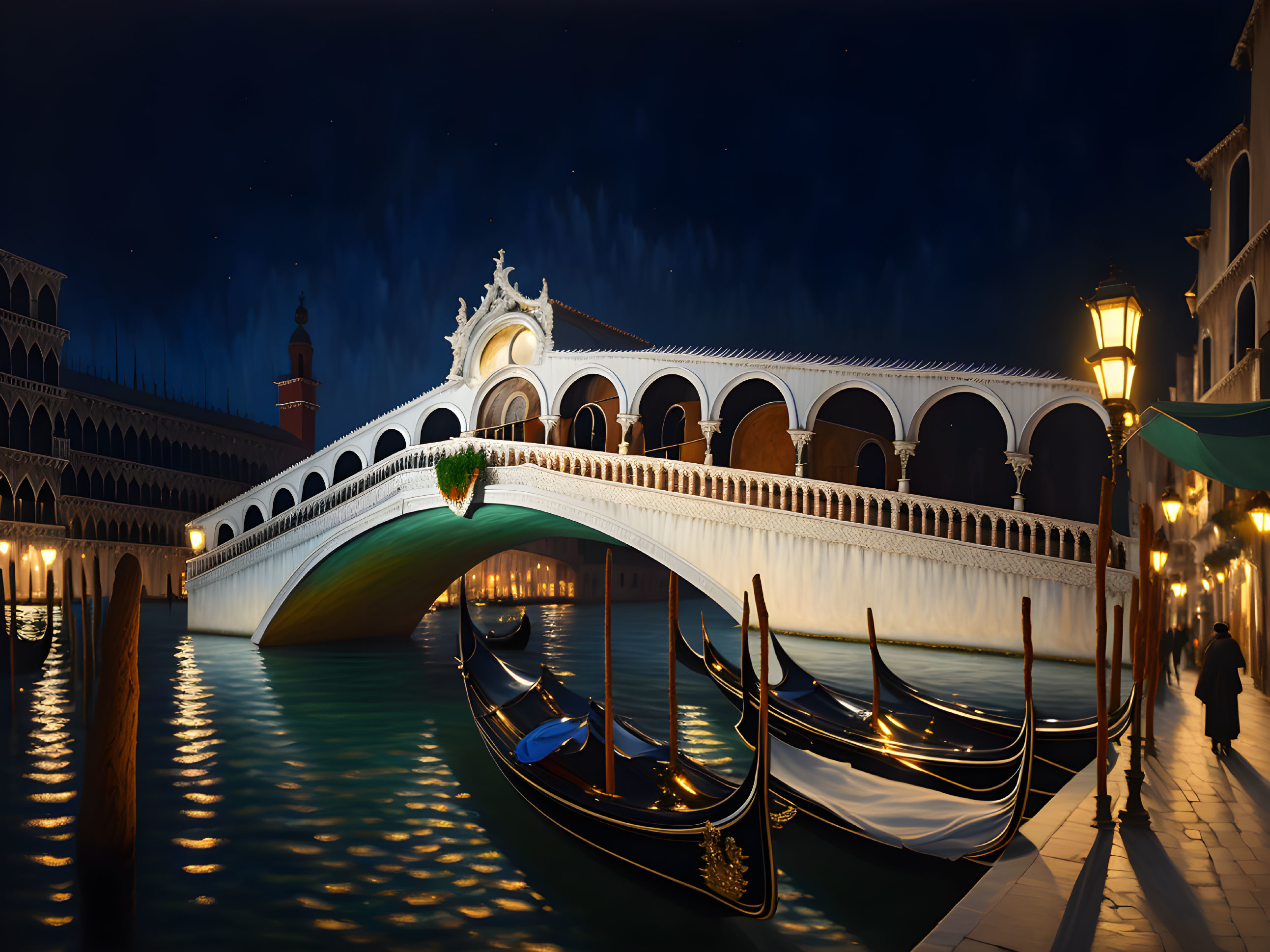 Night View: Rialto Bridge in Venice with Illuminated Lamps and Gondolas