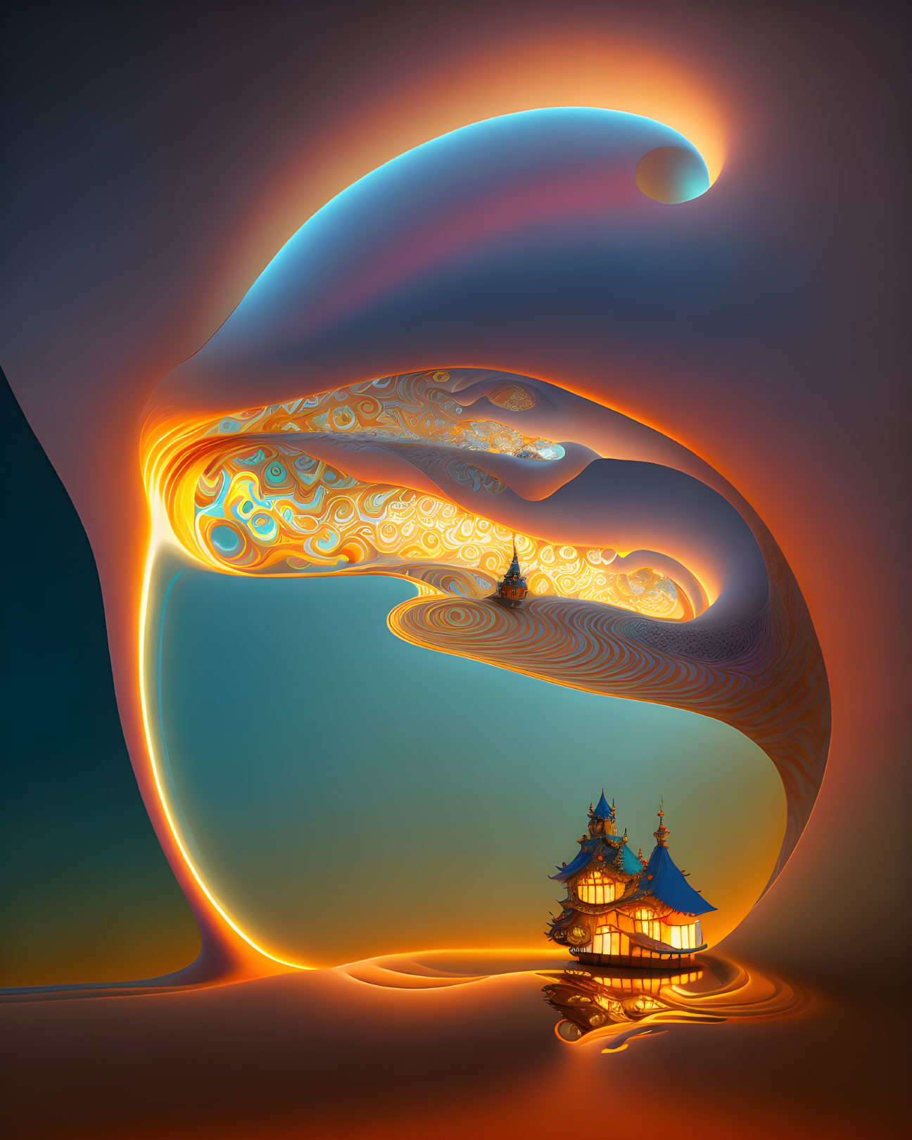Colorful digital artwork: Swirling fiery ribbon around illuminated pagoda