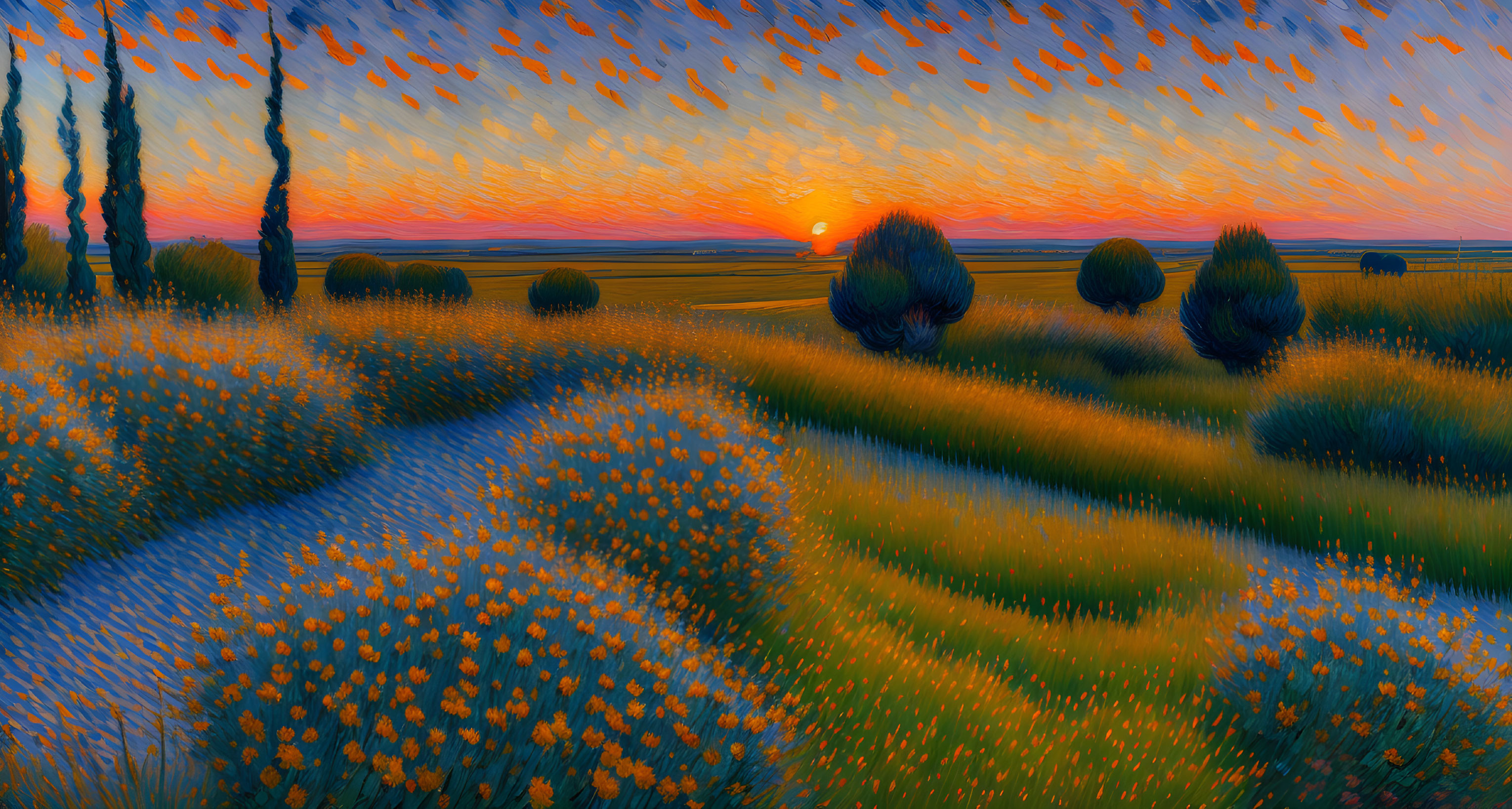 Colorful sunset landscape with path through orange flower fields and silhouetted trees.