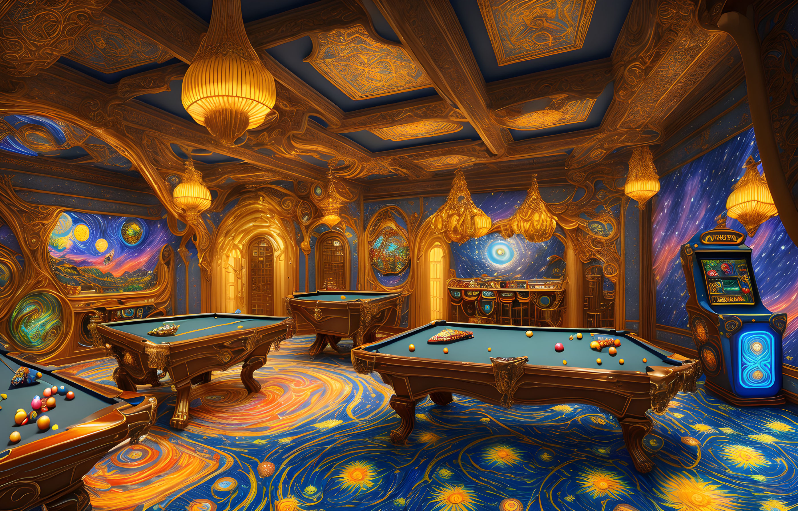 Luxurious Billiard Room with "Starry Night" Theme and Golden Decor