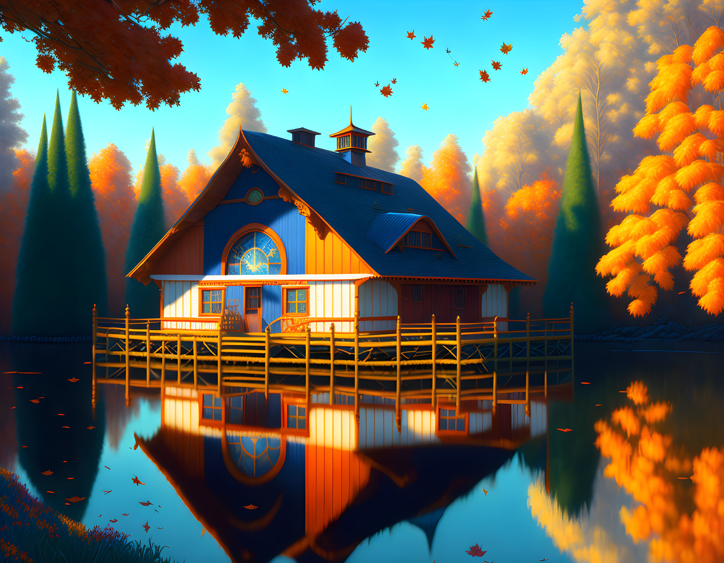 Tranquil lakeside autumn scene with cozy house and orange foliage reflected in water