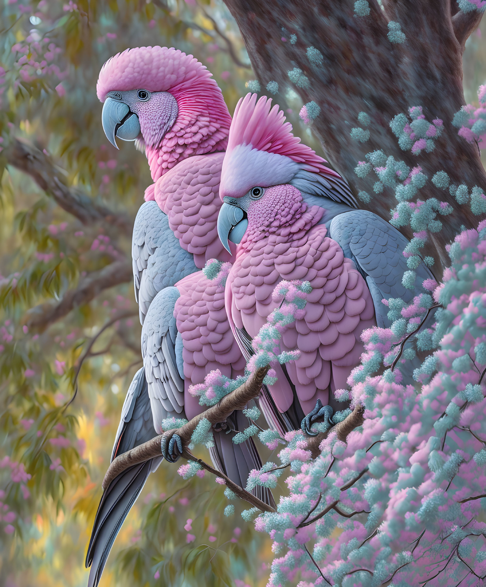 Pink Galah Cockatoos Perched on Branch in Pastel-Colored Foliage