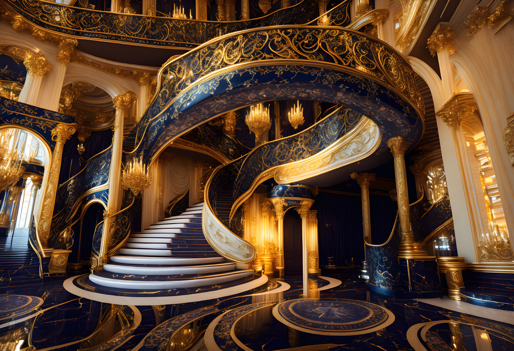 Luxurious Blue and Gold Staircase with White Steps