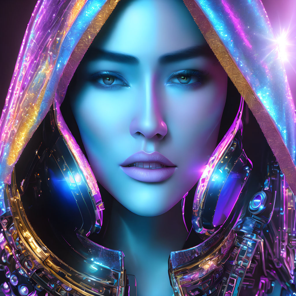 Futuristic Woman in Glowing Blue Skin and Cybernetic Suit against Dark Background