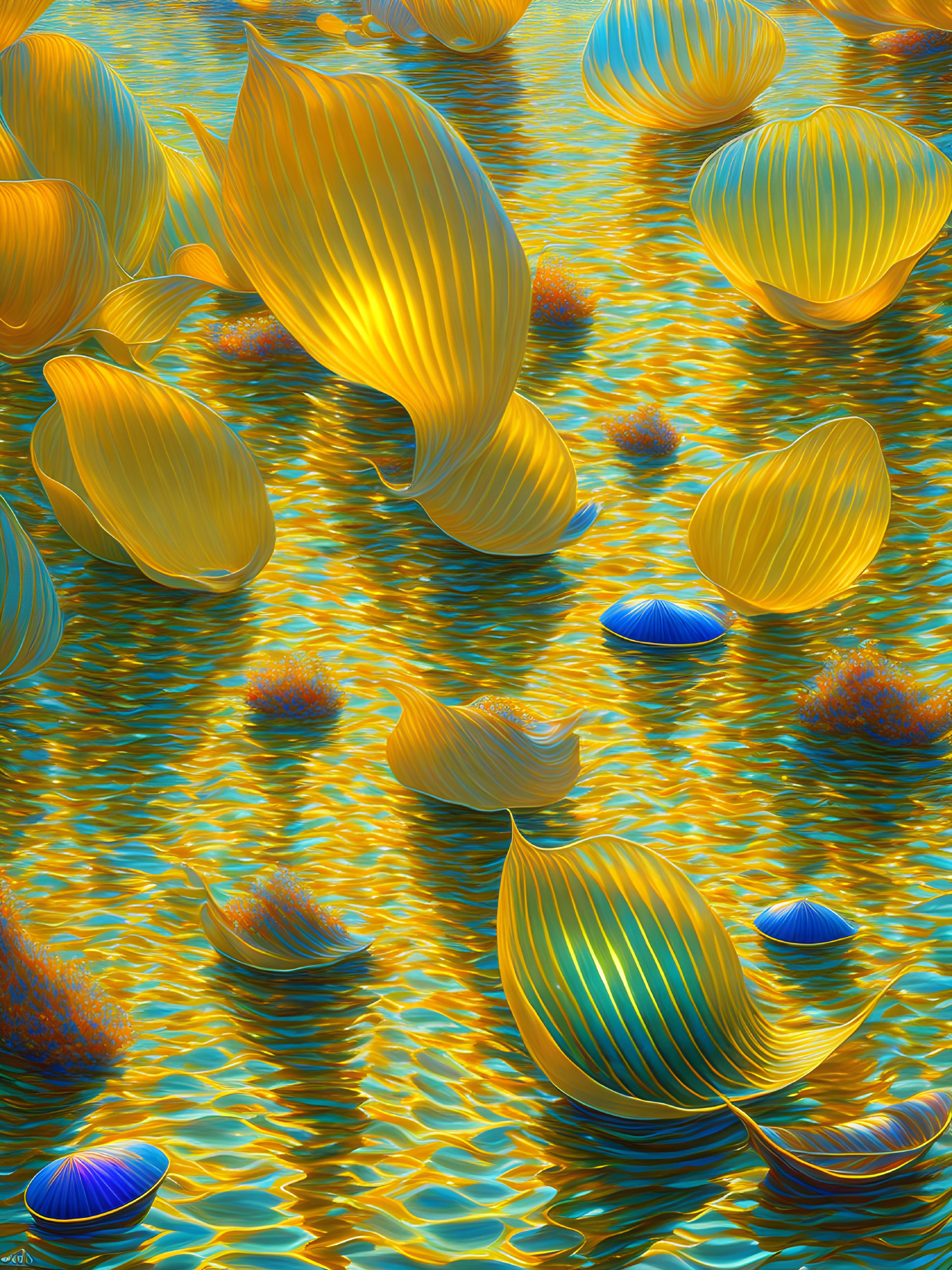 Stylized golden seashells on water with light reflection