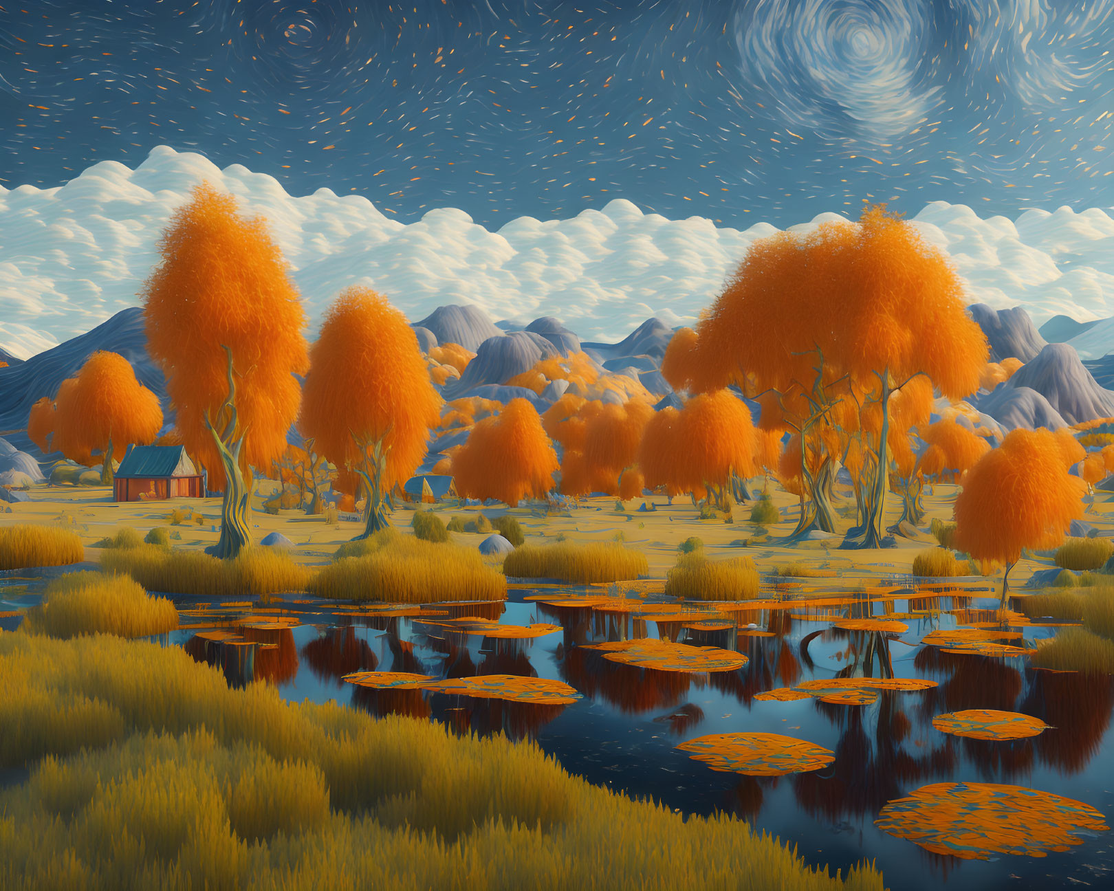 Surreal landscape with swirling skies, orange trees, serene lake, cabin, and blue mountains