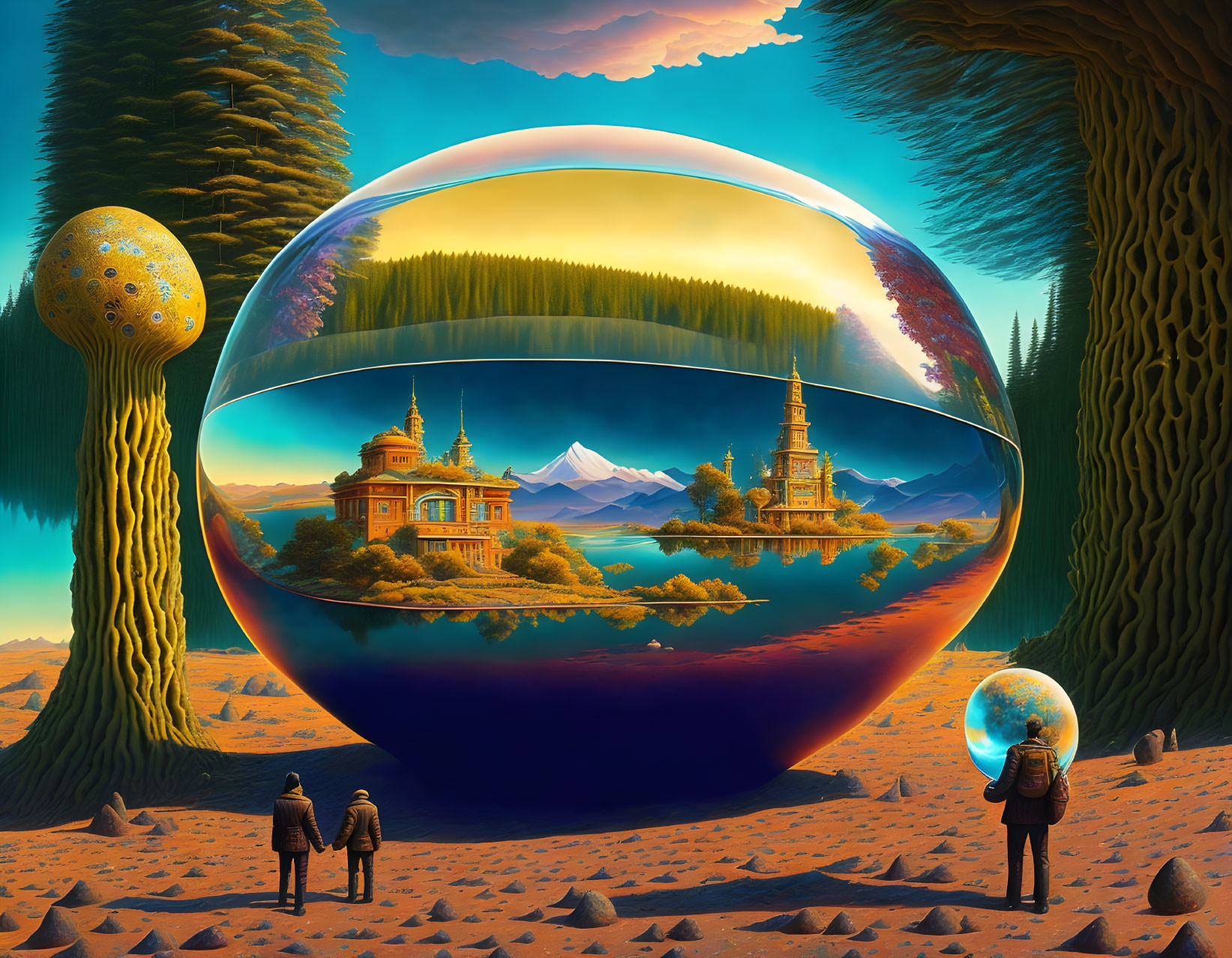 Surreal landscape with giant trees and reflective sphere showing fantasy scene