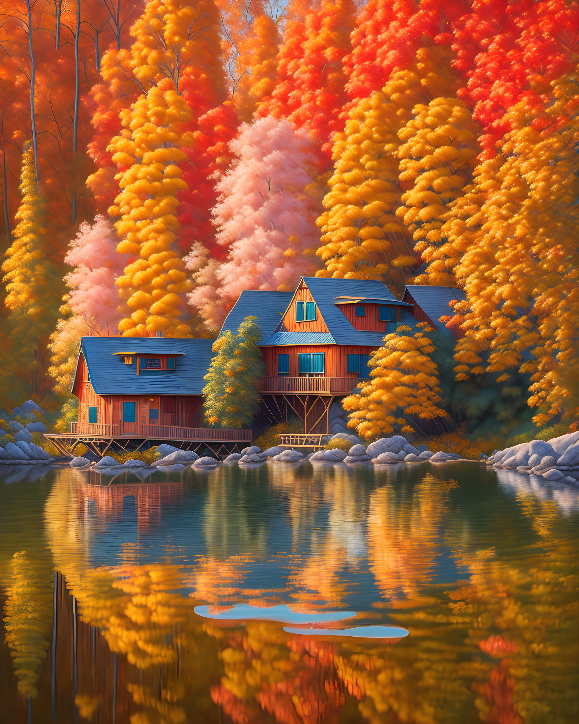 Colorful autumn forest and blue house reflected in calm lake waters.