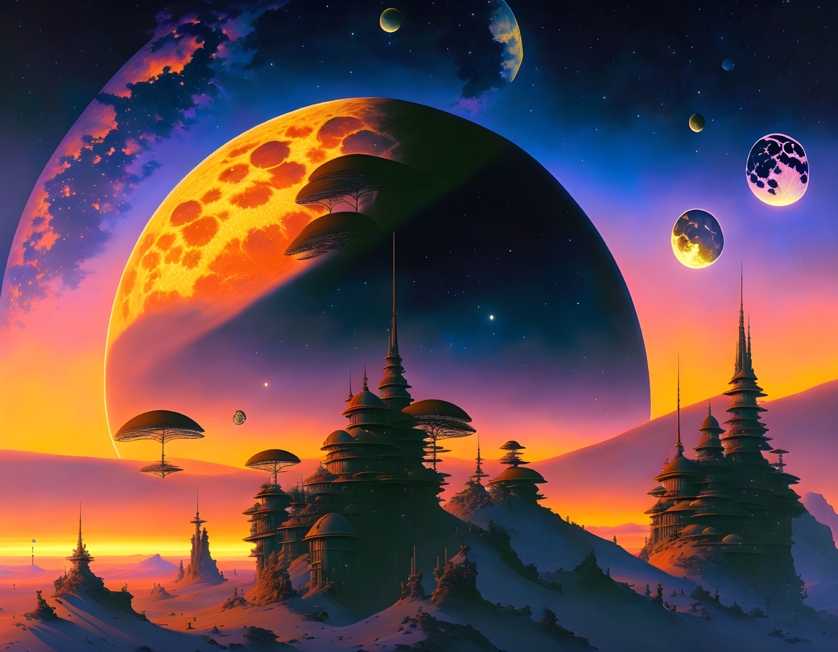 Futuristic sci-fi landscape with towering structures and celestial bodies at dusk