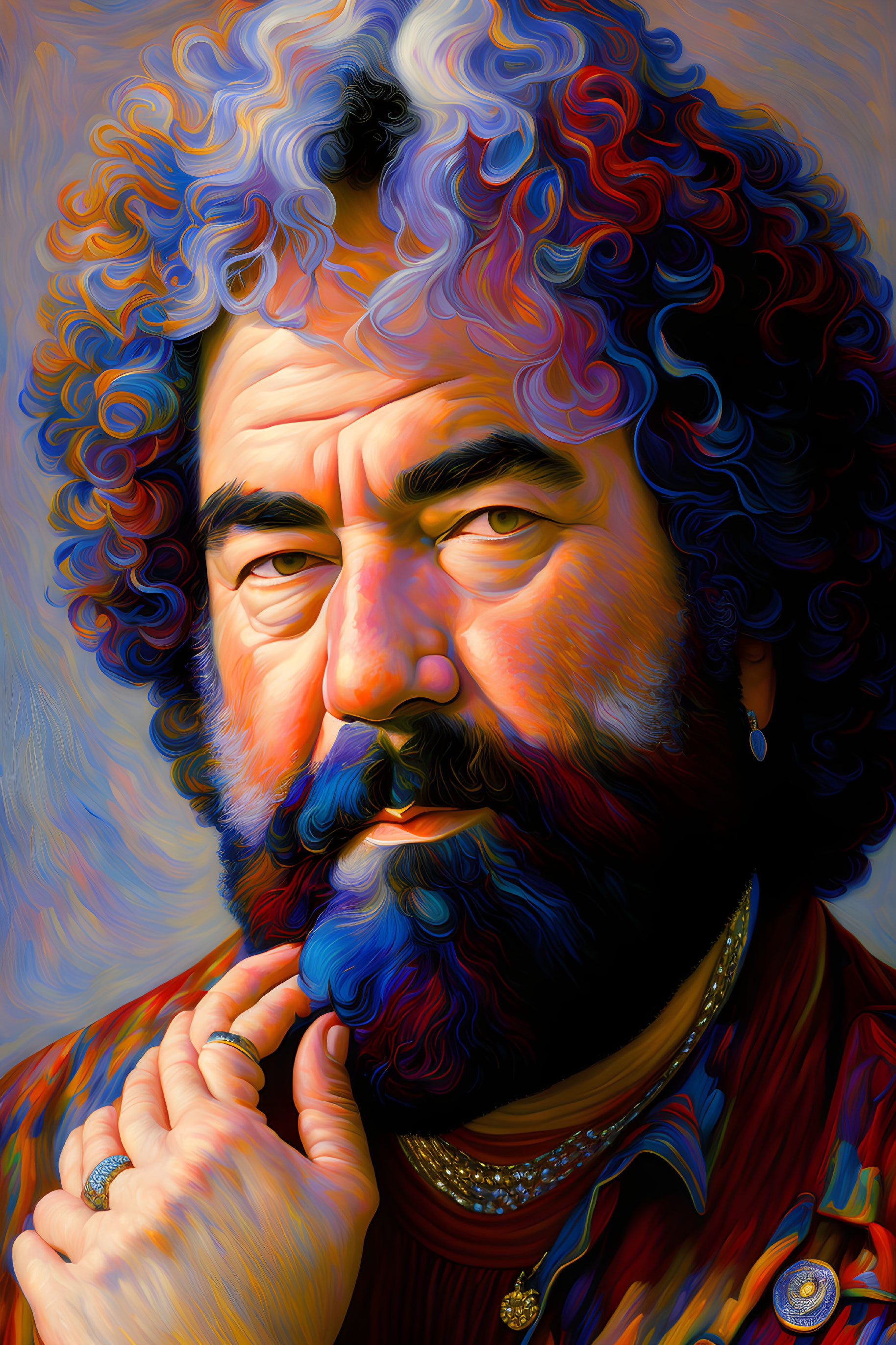 Colorful portrait of a bearded man with curly hair and jewelry, wearing a patterned shirt