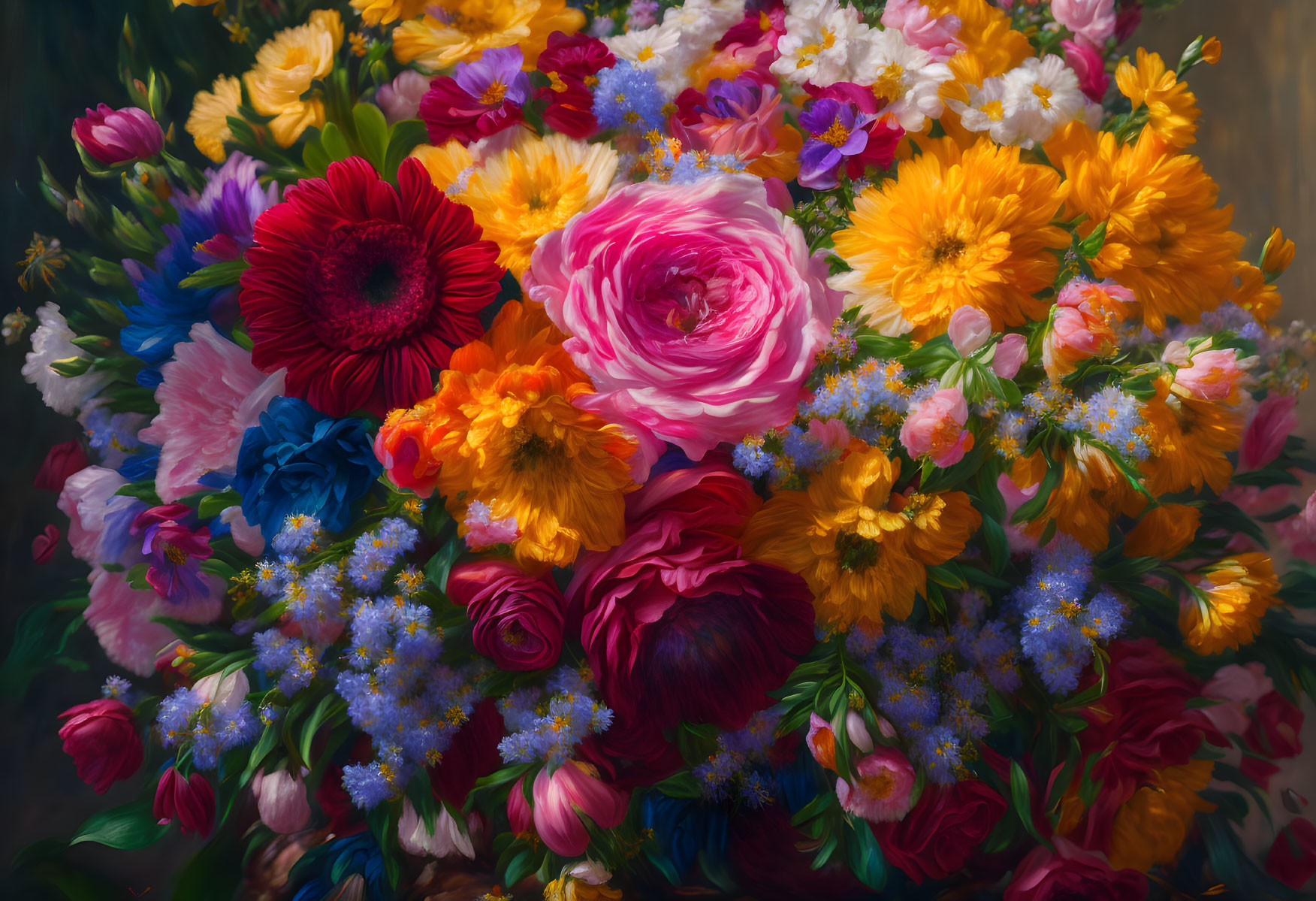 Colorful Flower Bouquet with Red Gerberas, Pink Roses, and Yellow Blossoms on Dark