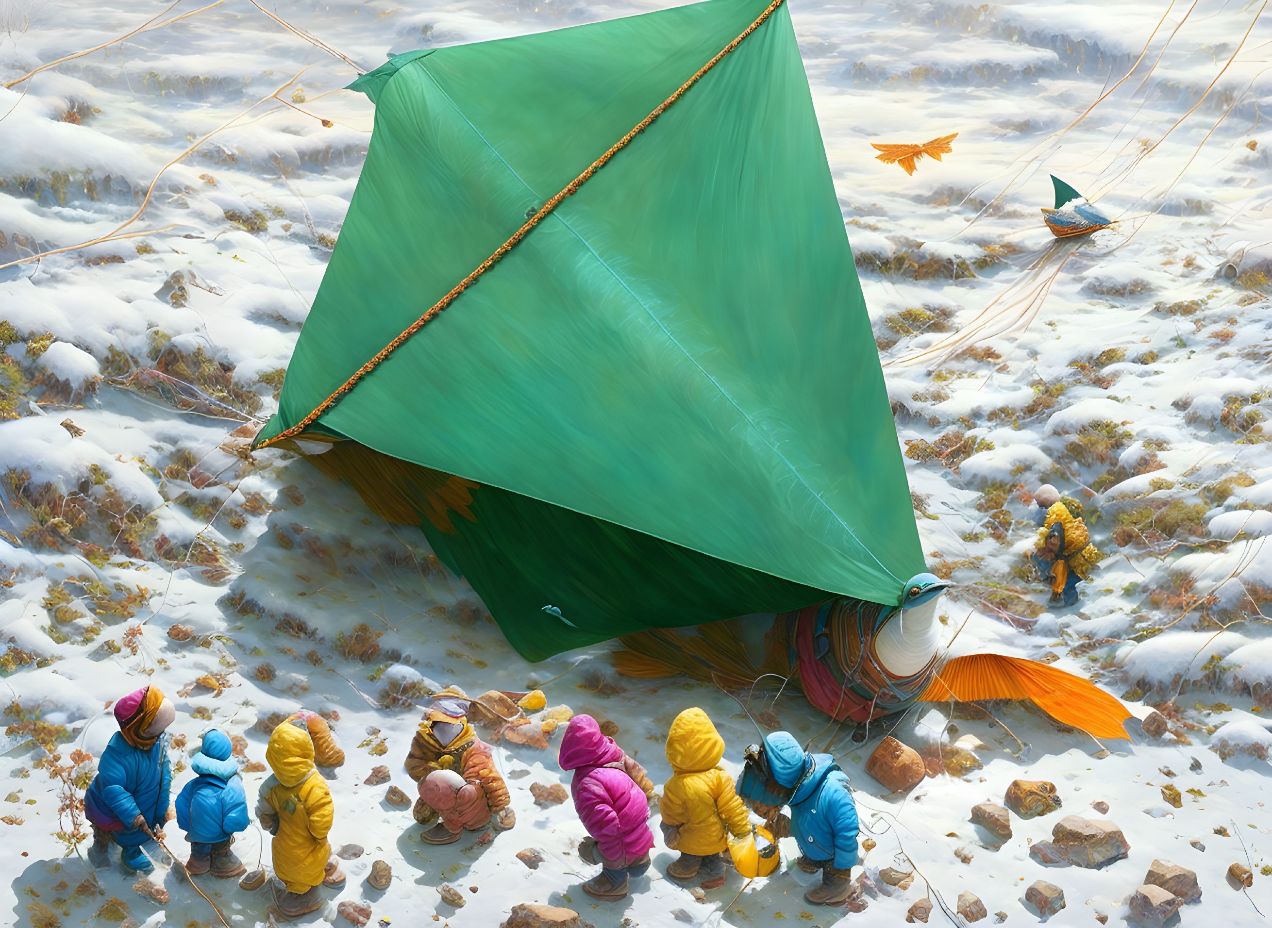 Vibrant winter scene with children and kites on snowy field