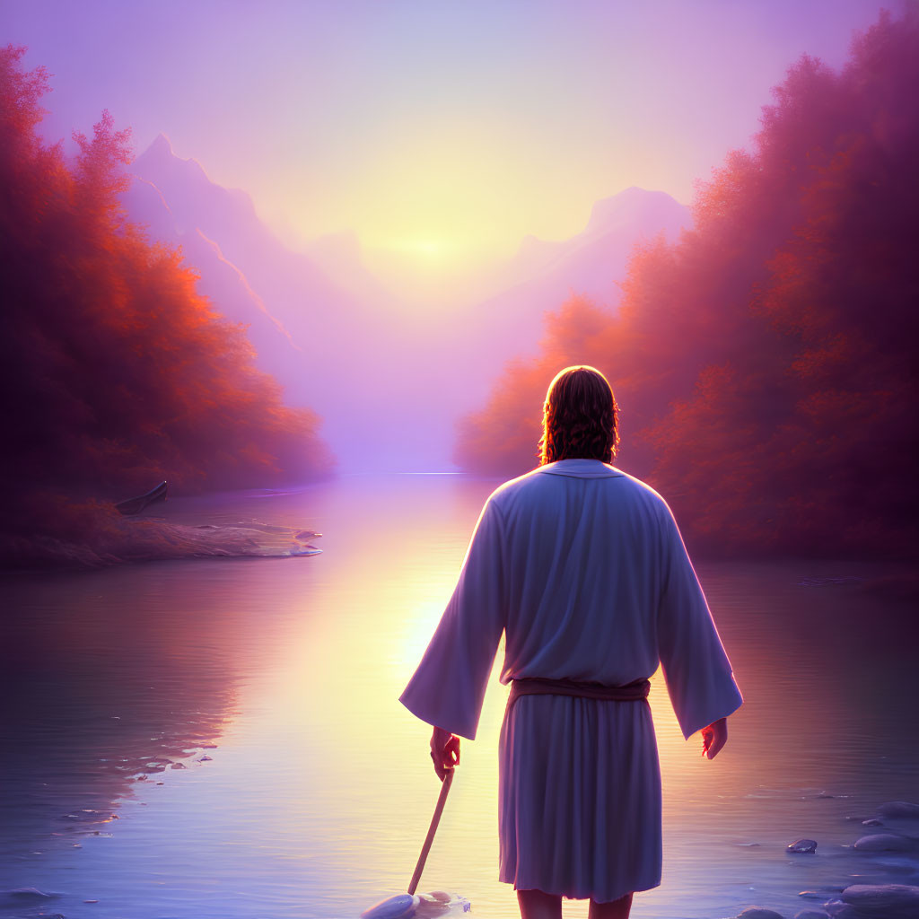 Person in white robes by serene lake at sunrise with mountains and canoe in tranquil, purple landscape