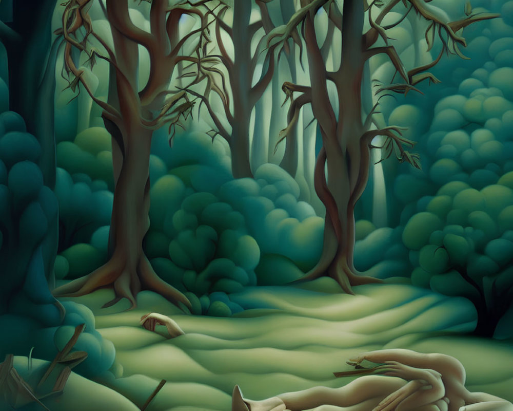 Surreal forest scene with twisted trees and green foliage