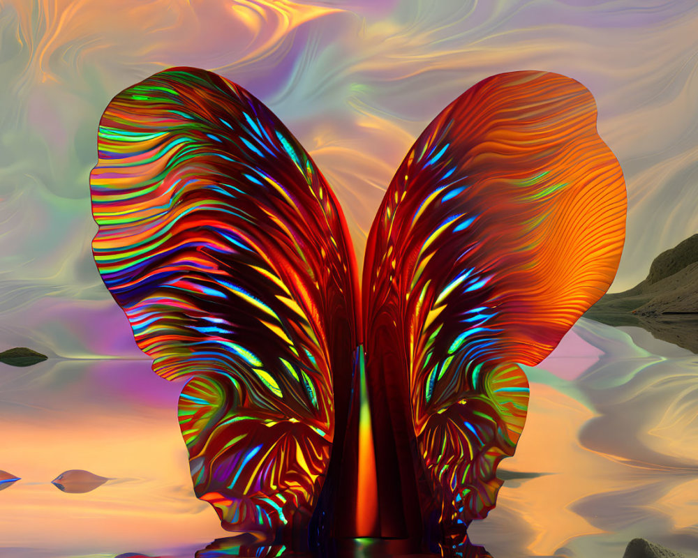 Vibrant iridescent butterfly structure in desert landscape