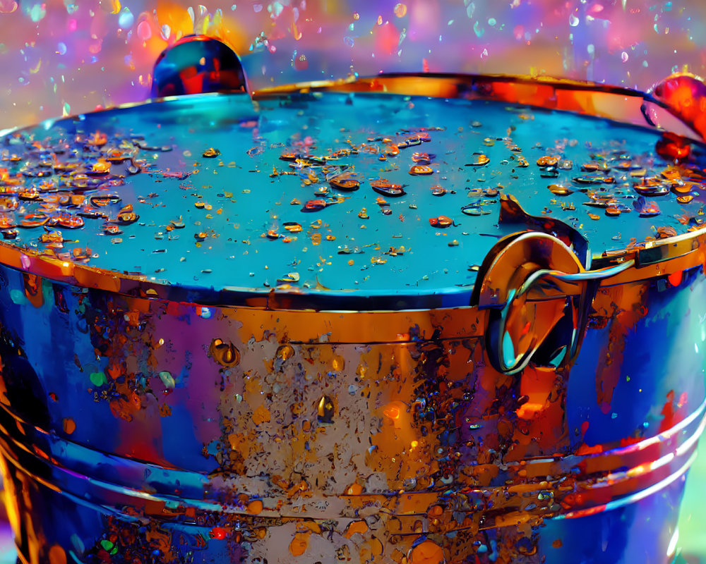 Colorful Backdrop with Water Droplets on Shiny Blue Bucket