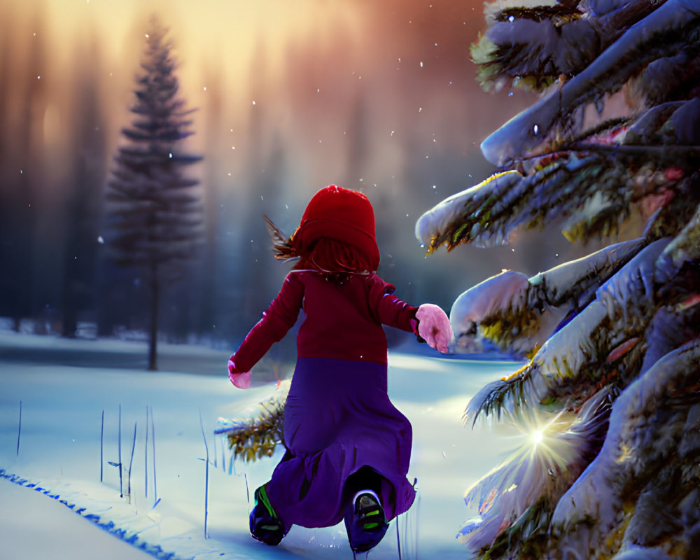 Child in Red Hat Leaping by Snowy Pines at Twilight