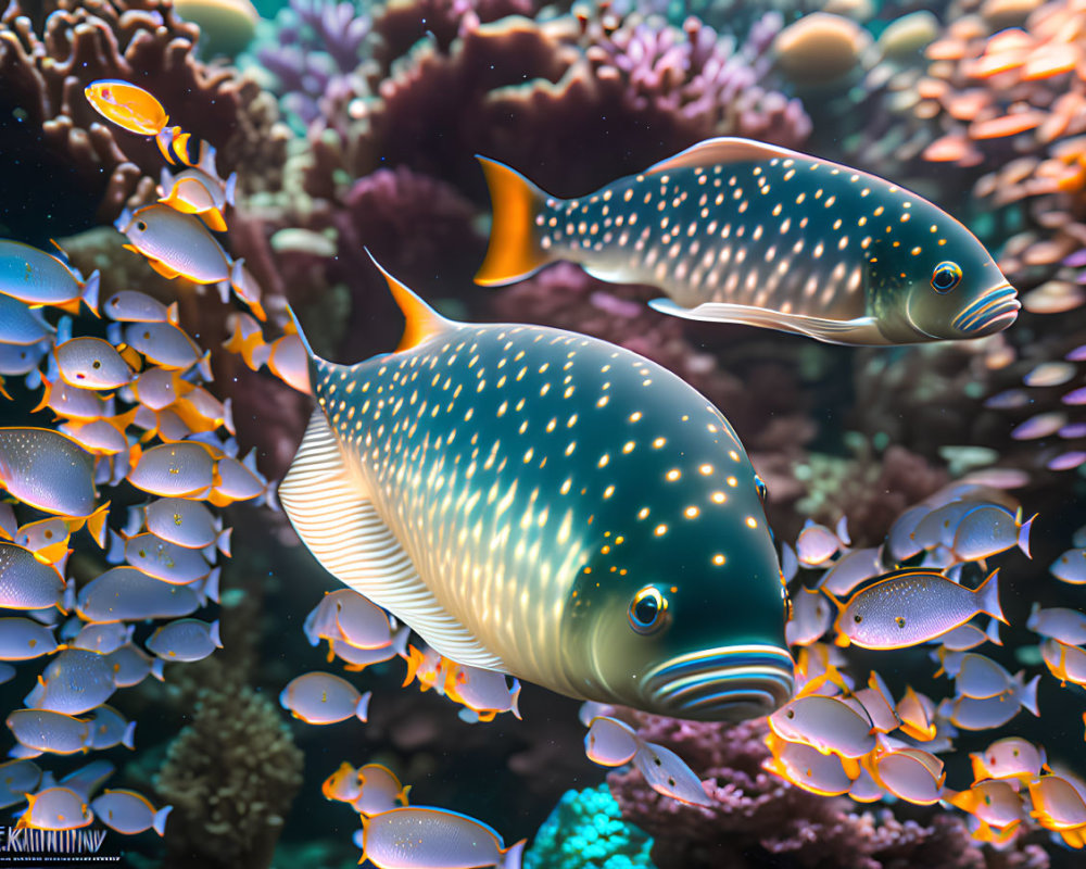 Spotted fish and coral reef with school of fish
