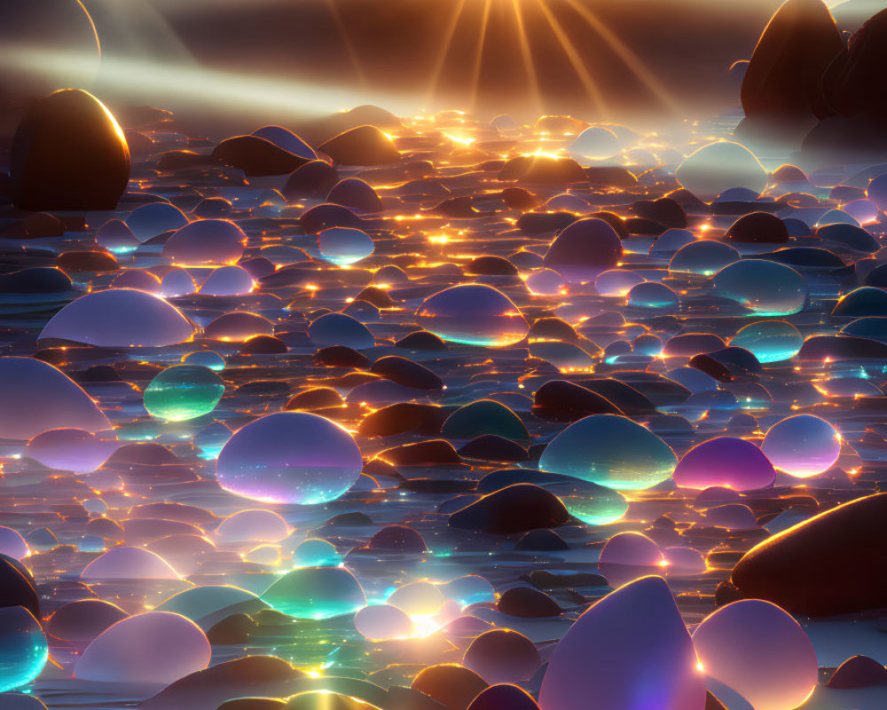 Tranquil sunset over surreal landscape of glistening pebbles