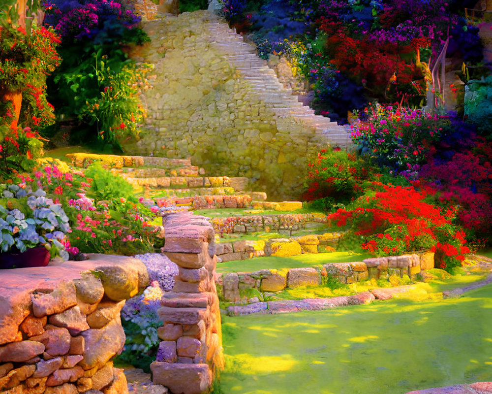 Vibrant flower garden with stone staircase in warm sunlight