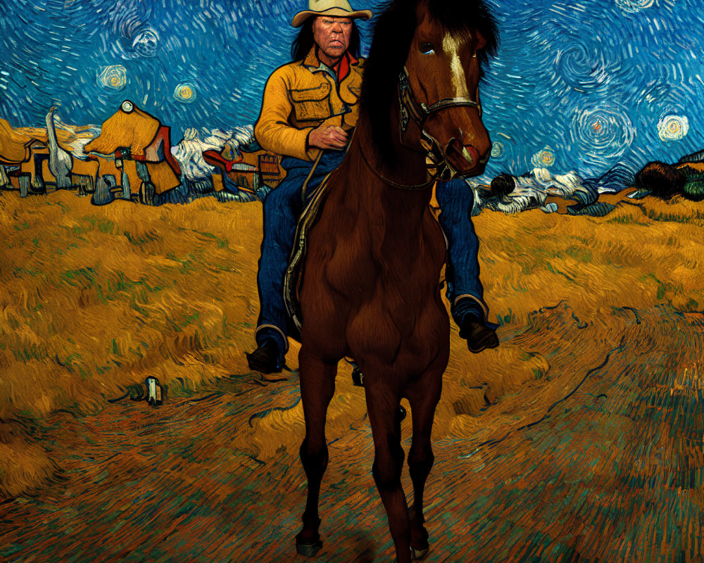 Cowboy on Horse in Van Gogh-style Starry Night Landscape