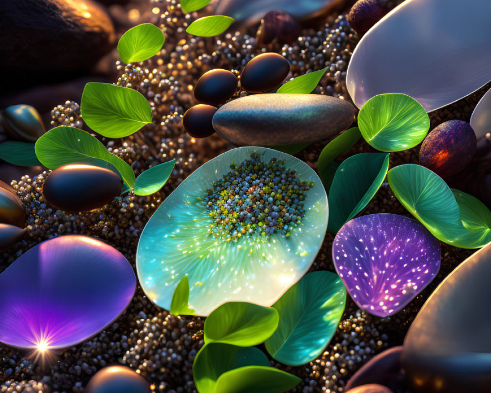 Vibrant pebbles and leaves on ground with luminous reflection