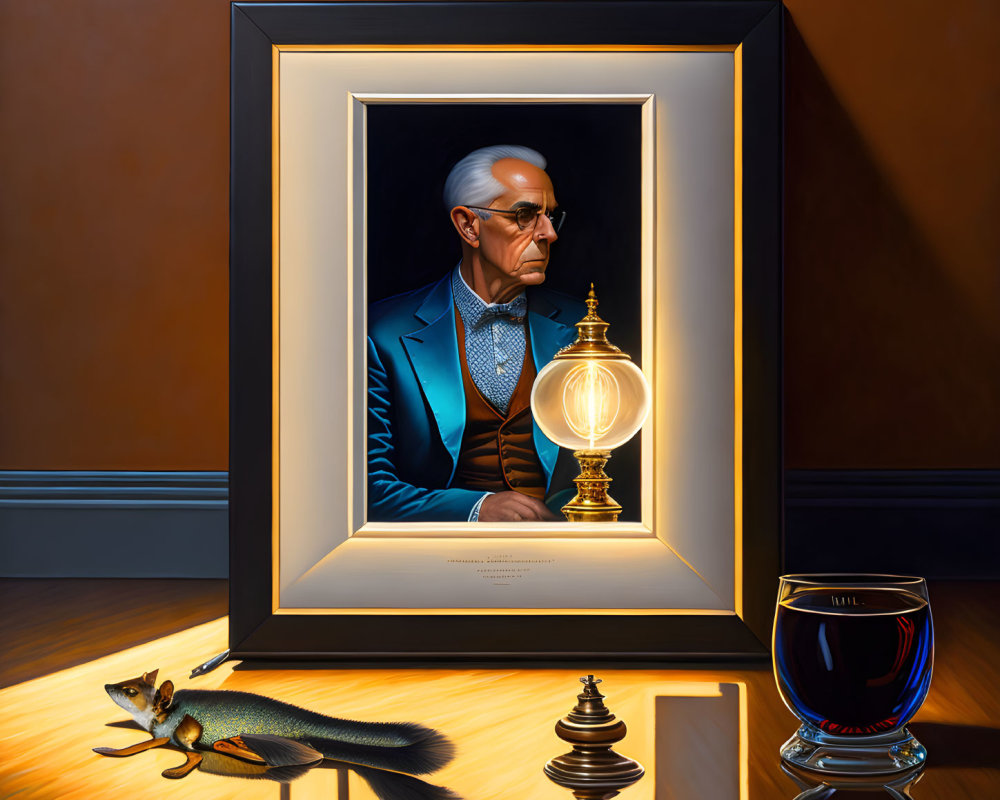 Elderly gentleman, lamp, wine glass, fish, chess piece on wooden surface